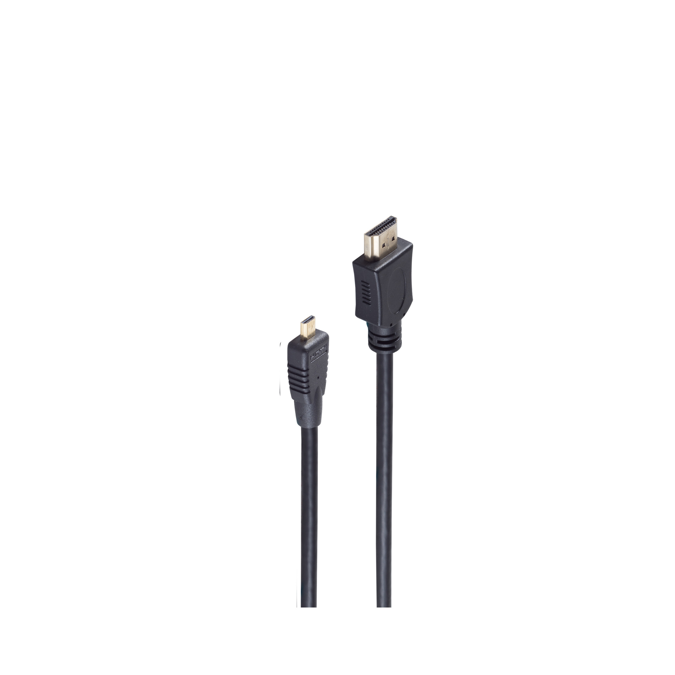 Schwarze HDMI- und Micro-HDMI-Kabel nebeneinander, vor weißem Hintergrund.