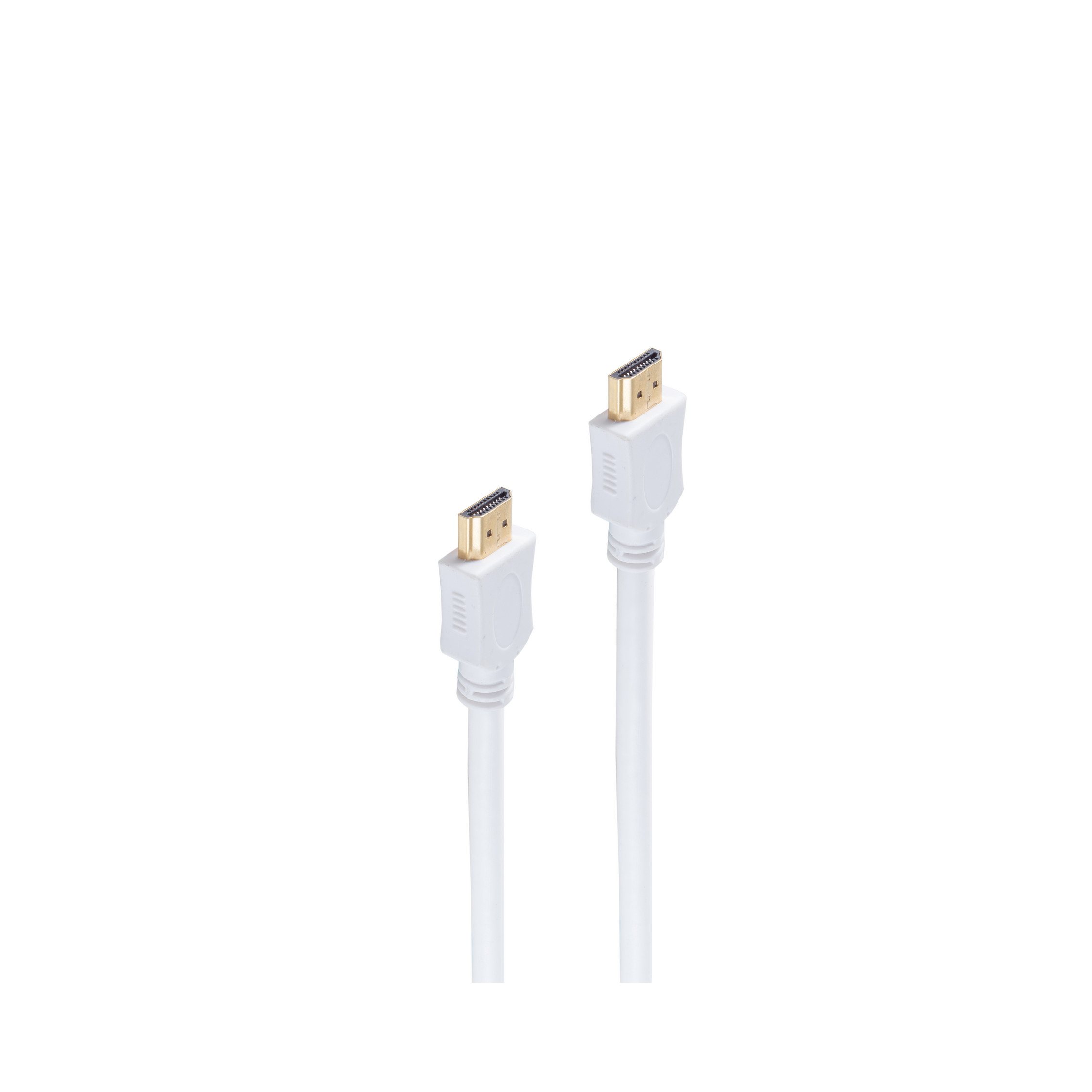 Zwei weiße HDMI-Kabel mit vergoldeten Steckern. Der Hintergrund ist weiß.
