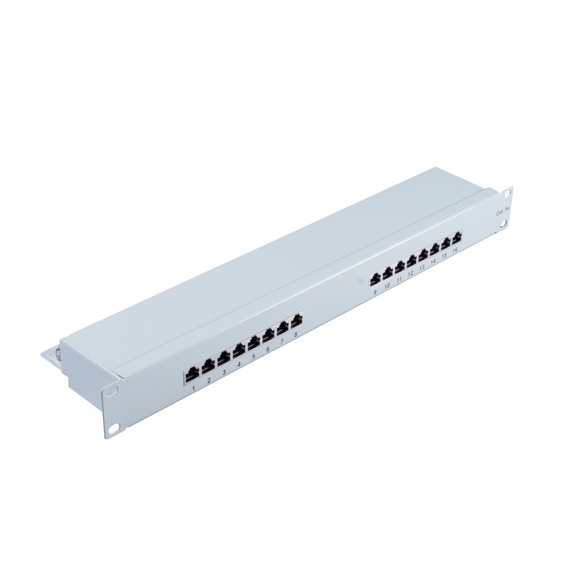 Un pannello di permutazione rettangolare bianco con 16 porte. Le porte sono etichettate 1-16.