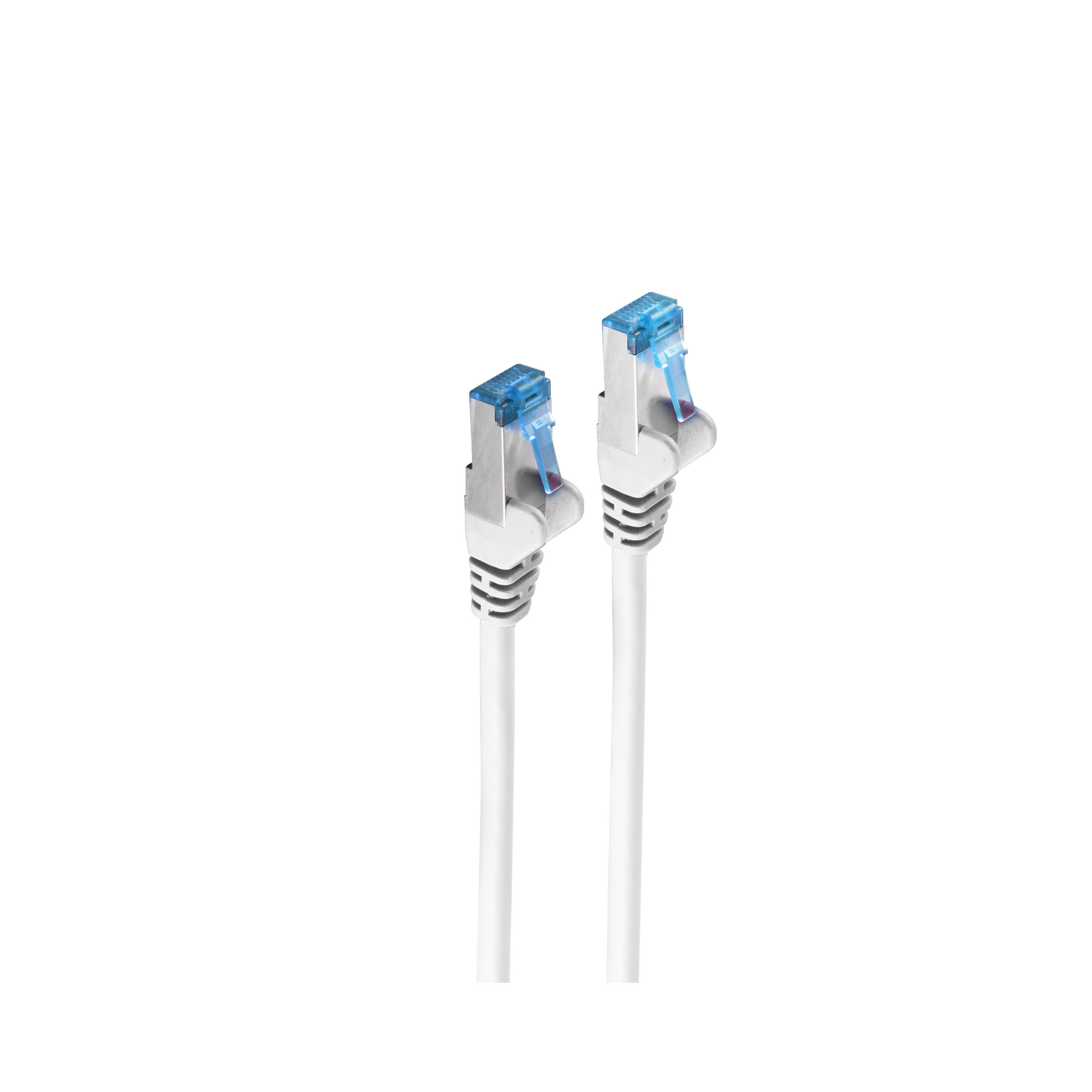 Due cavi di rete bianchi con connettori blu su sfondo bianco.