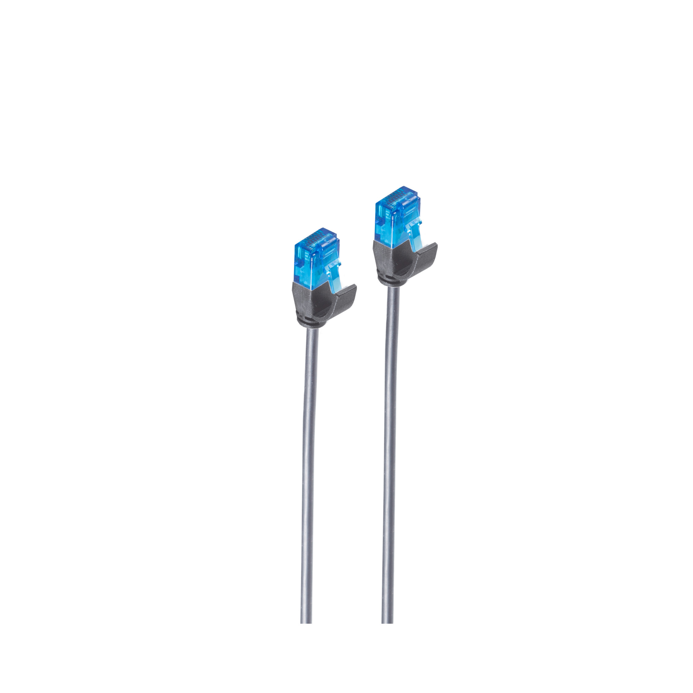 Zwei graue Netzwerkkabel mit blauen Steckern. Weißer Hintergrund.
