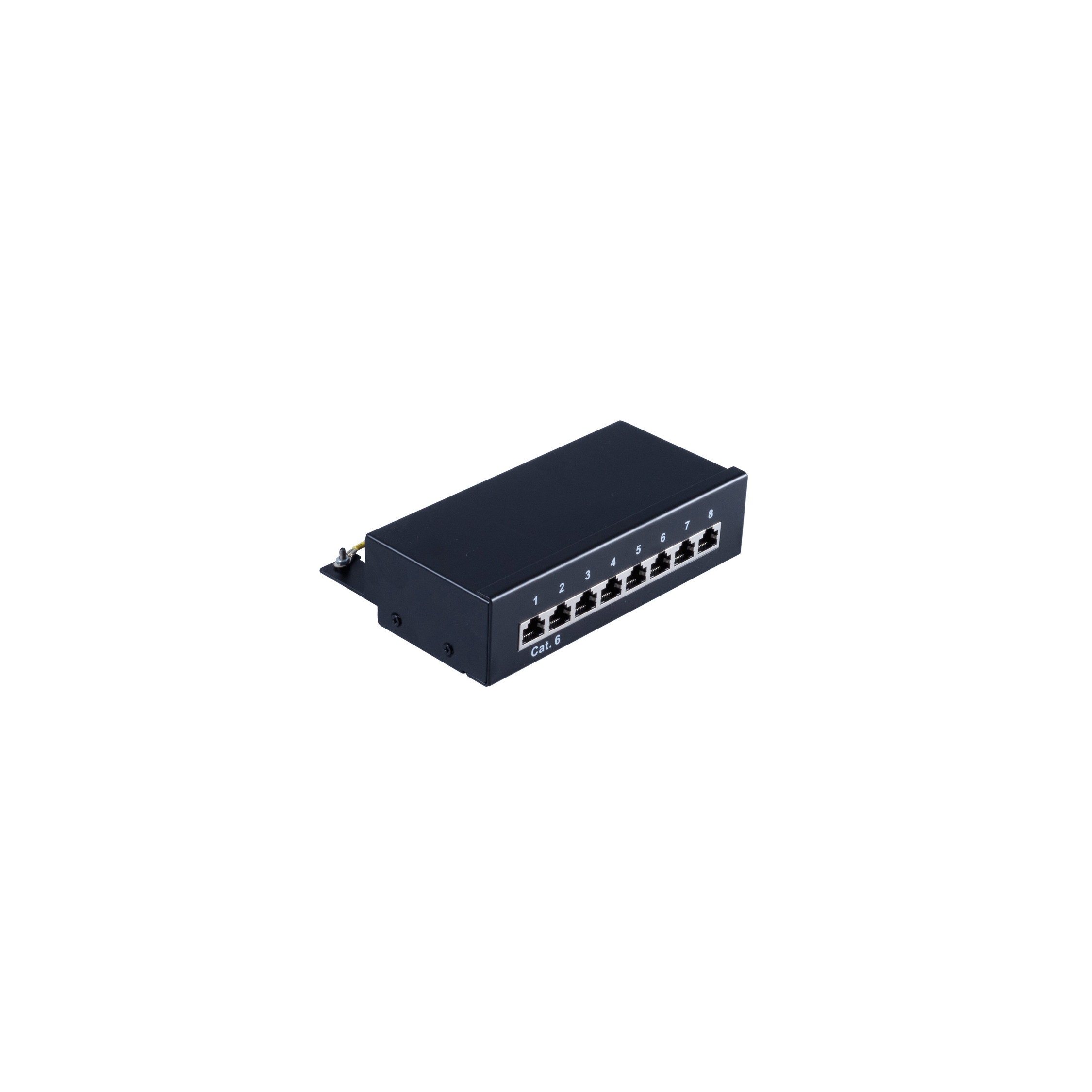 Schwarzer Netzwerk-Switch mit acht Anschlüssen, weißer Hintergrund.
