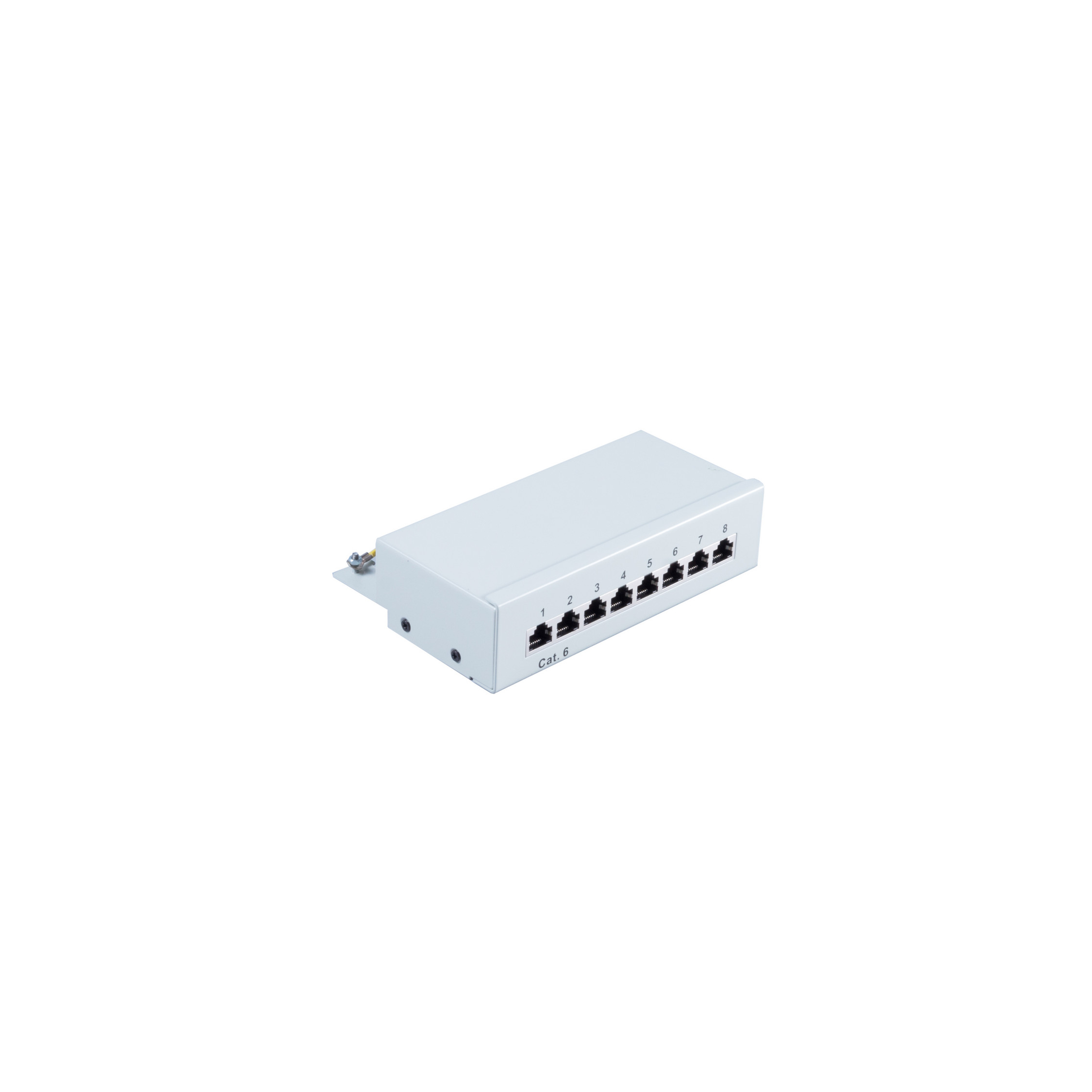 Ein weißes Patchpanel mit 8 Anschlüssen. Weißer Hintergrund.