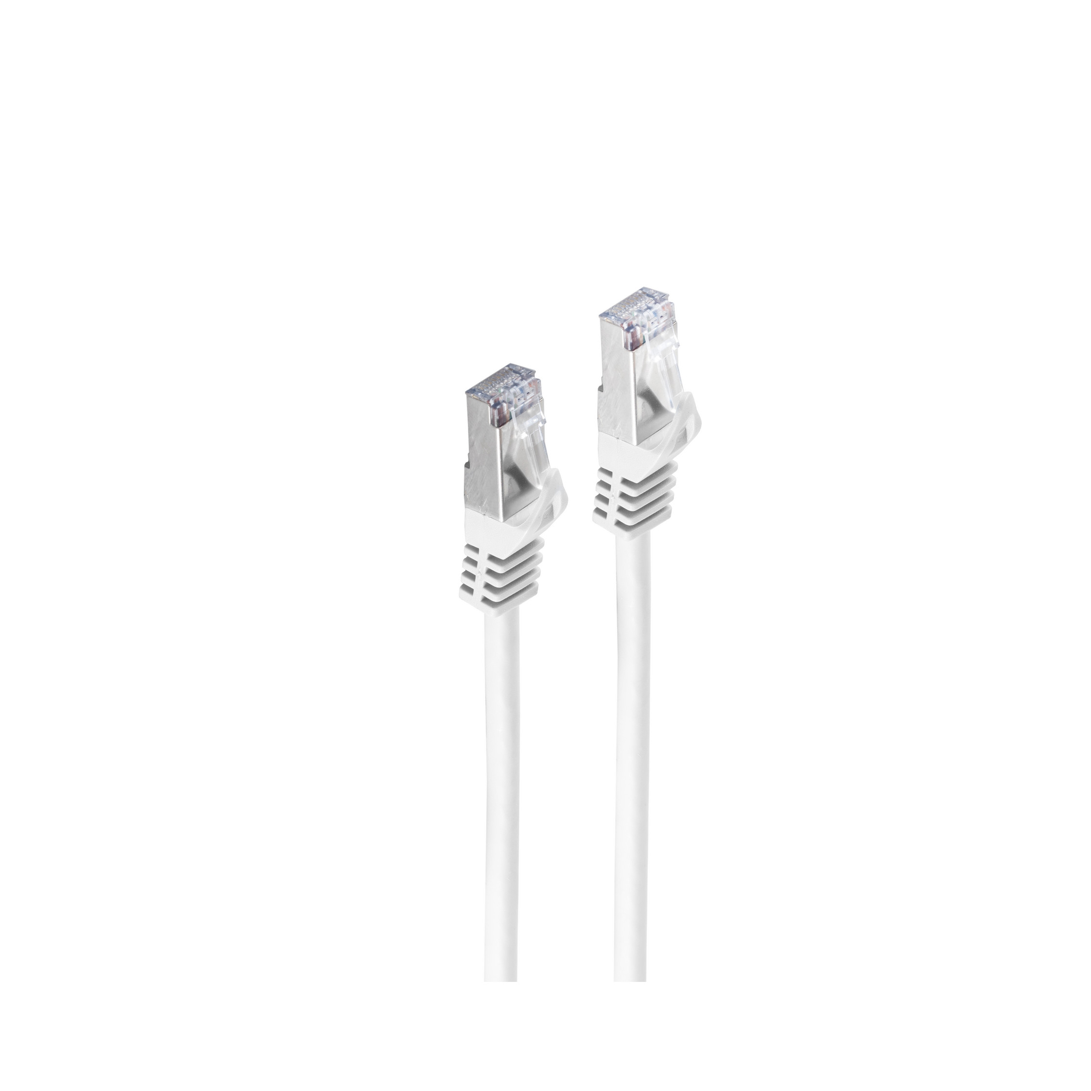 Dwa białe kable Ethernet z przezroczystymi złączami RJ45 na białym tle.