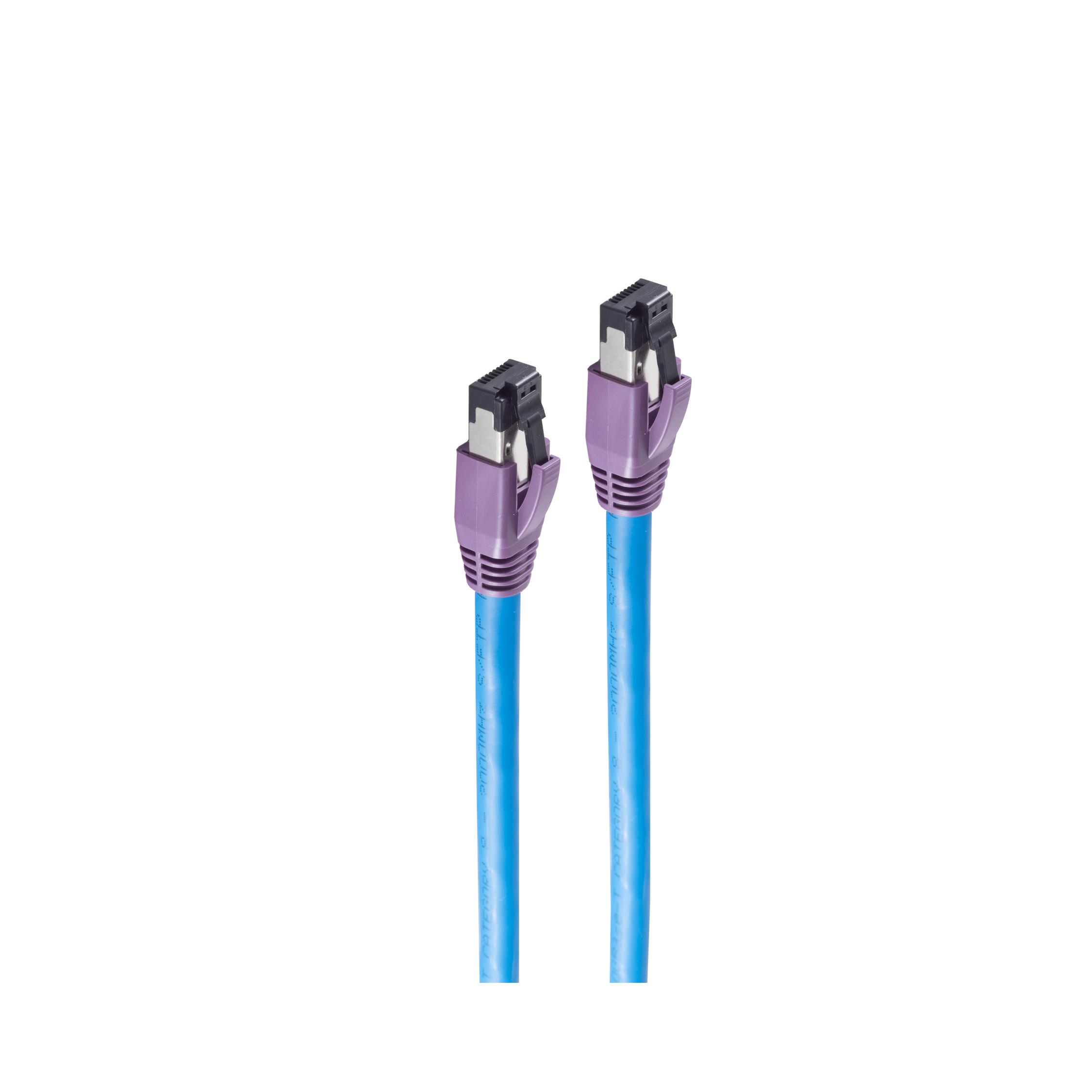 Due cavi di rete blu con connettori viola.