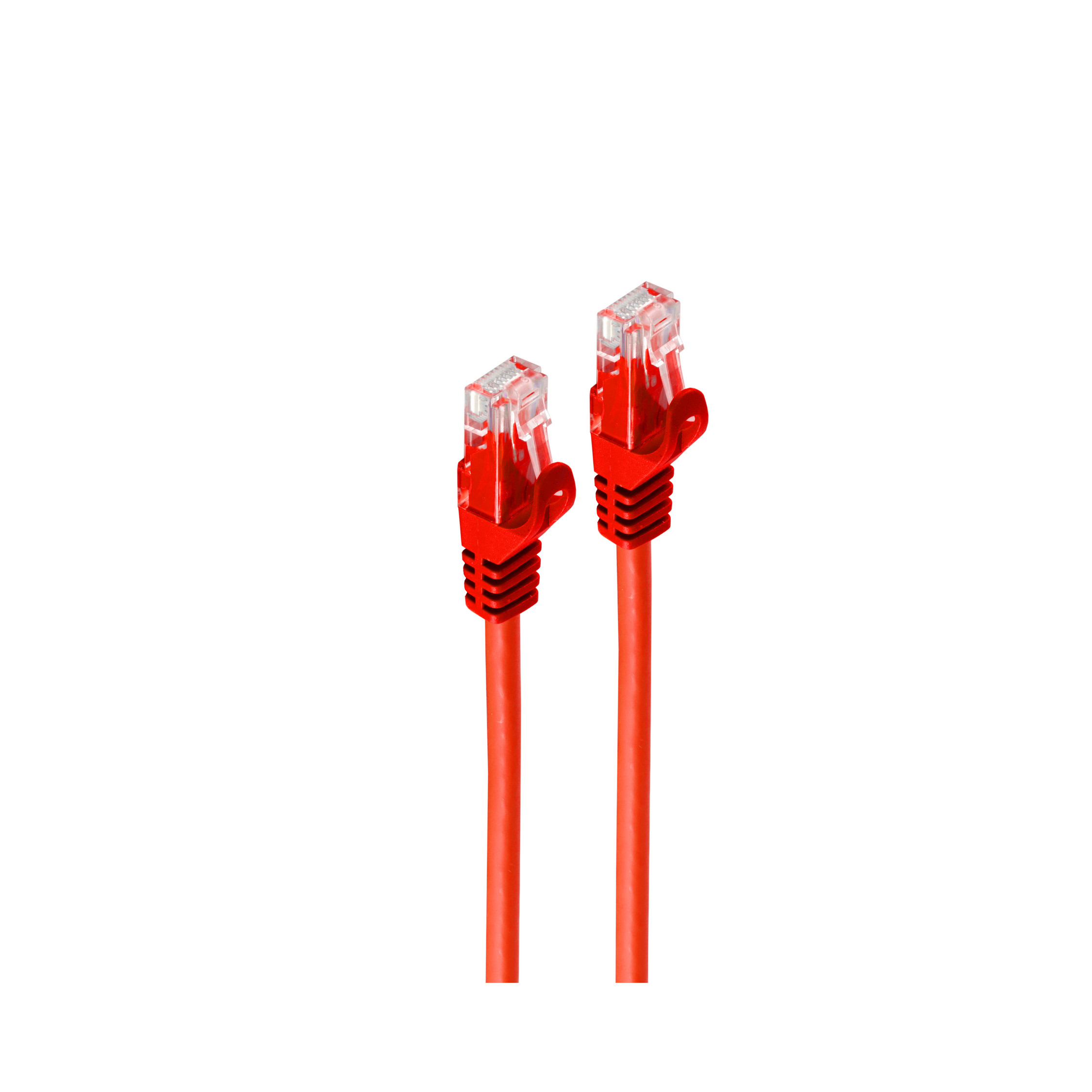Due cavi Ethernet rossi con connettori rossi su sfondo bianco.