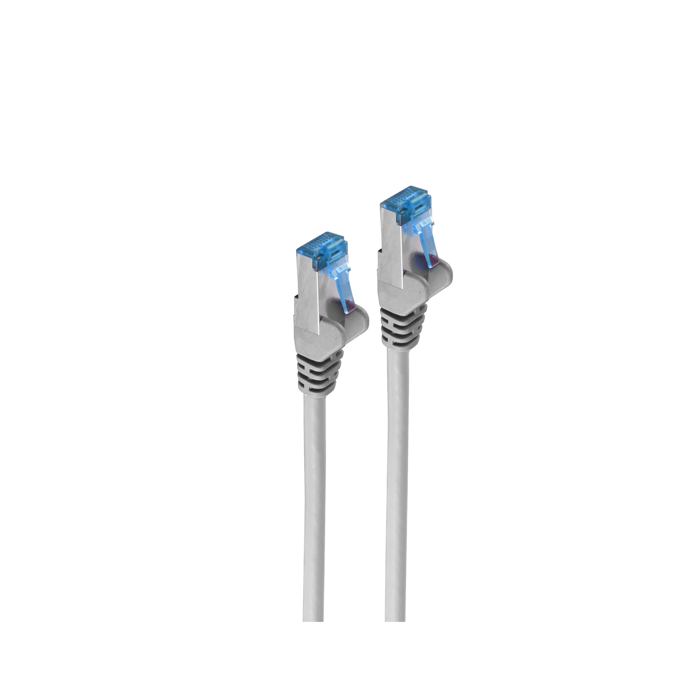 Due cavi di rete grigi con connettori blu su sfondo bianco.