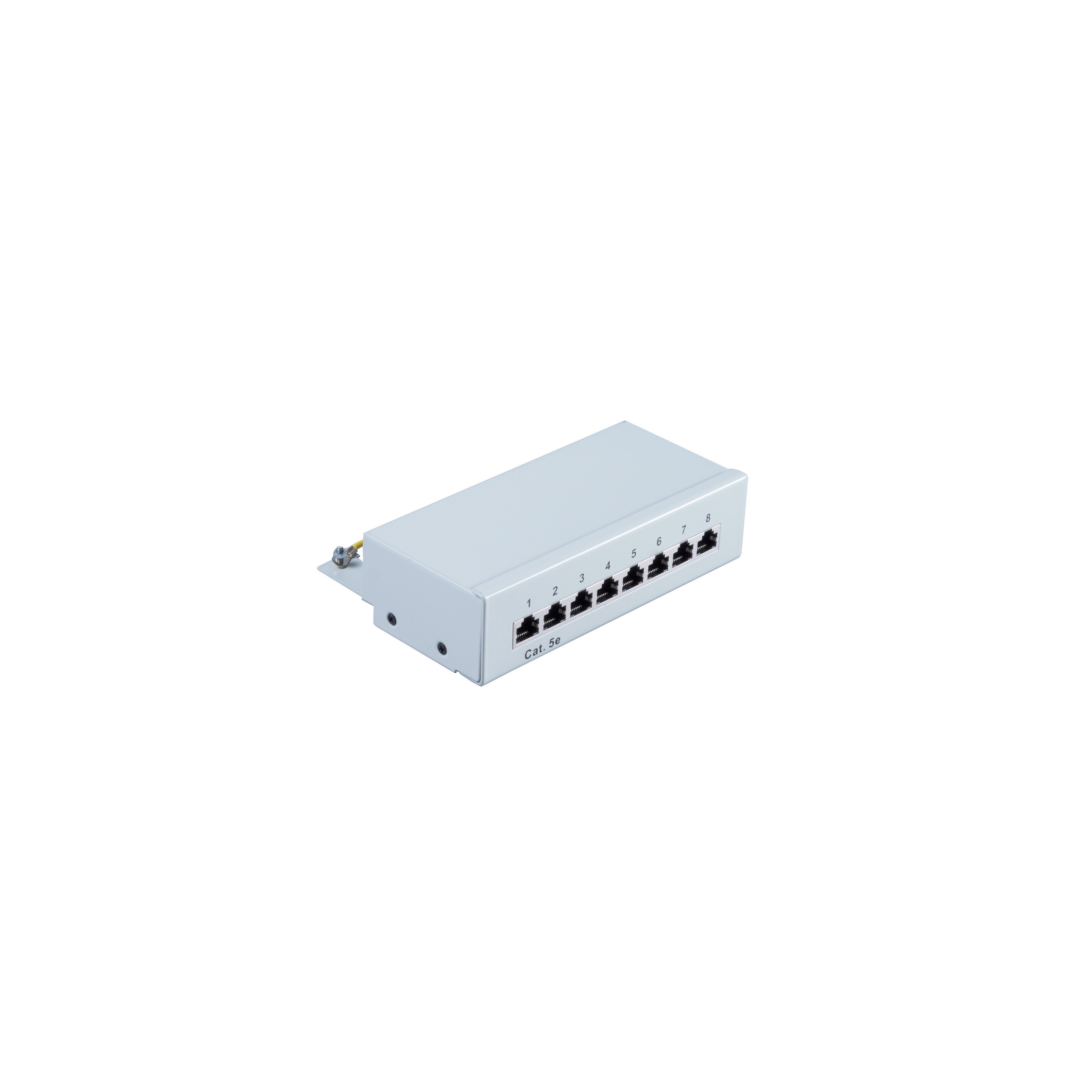 Ein weißer Netzwerk-Switch mit 8 Anschlüssen. Weißer Hintergrund.