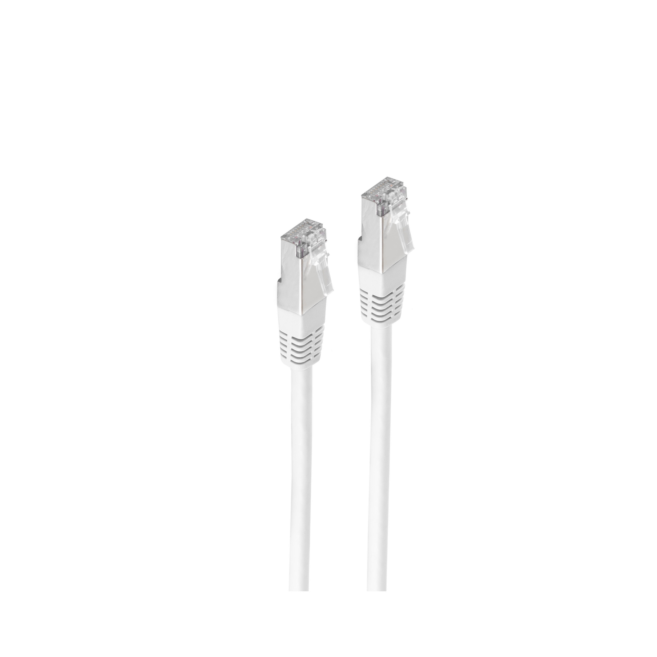 Due cavi Ethernet bianchi con connettori bianchi su sfondo bianco.