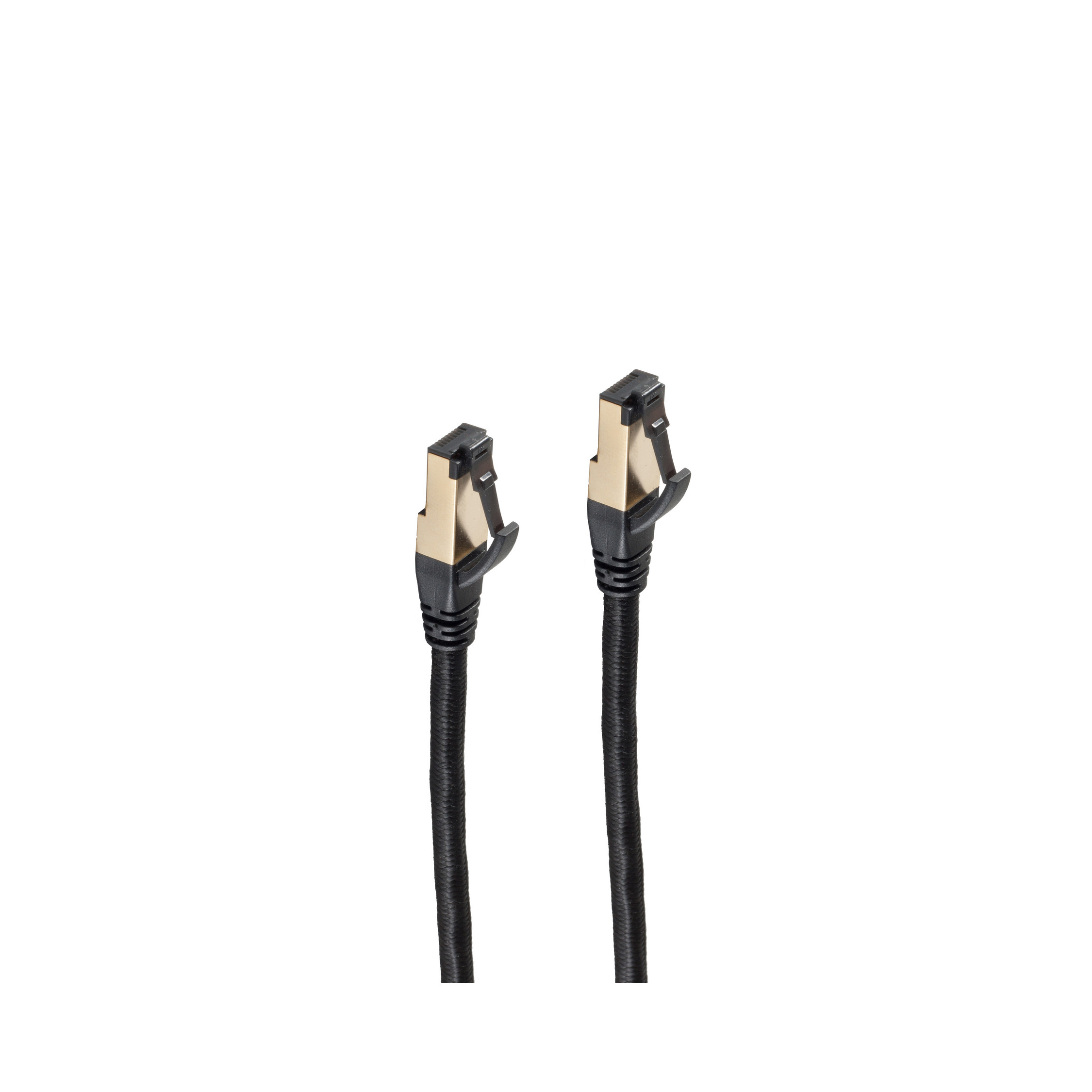 Zwei schwarze Ethernet-Kabel mit goldenen Steckern auf weißem Hintergrund.