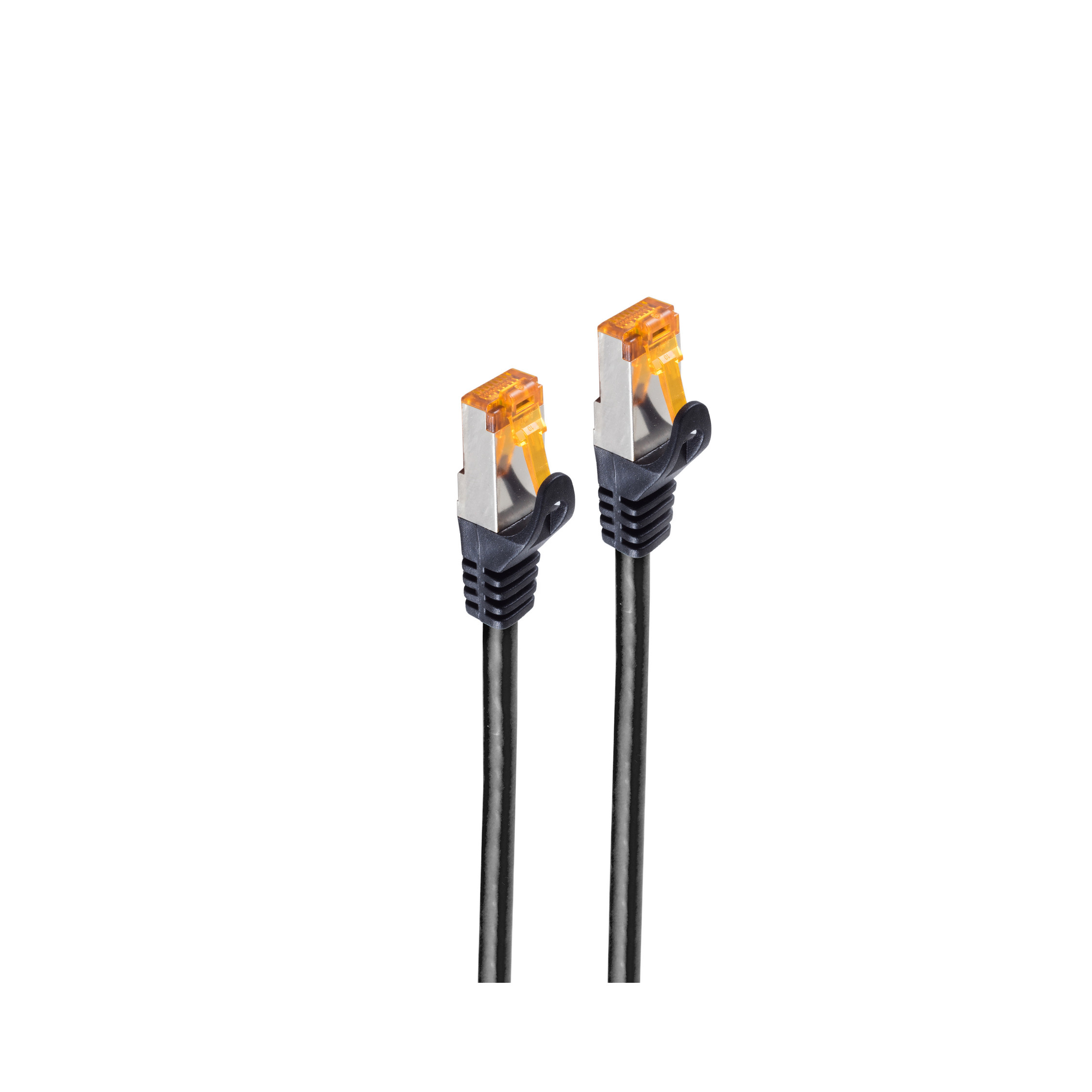 Due cavi Ethernet neri con connettori arancioni su sfondo bianco.