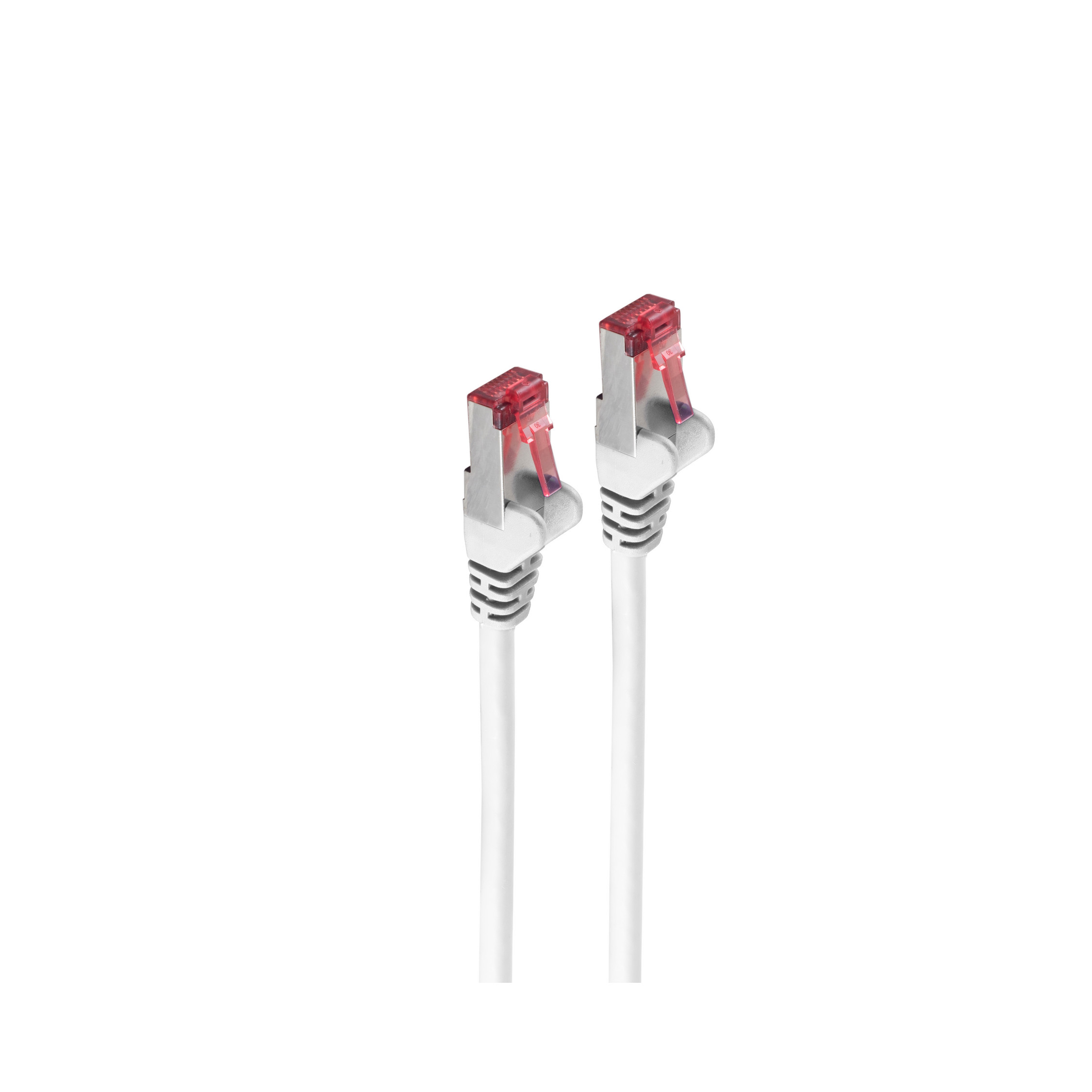Due cavi Ethernet bianchi con connettori rossi su sfondo bianco.