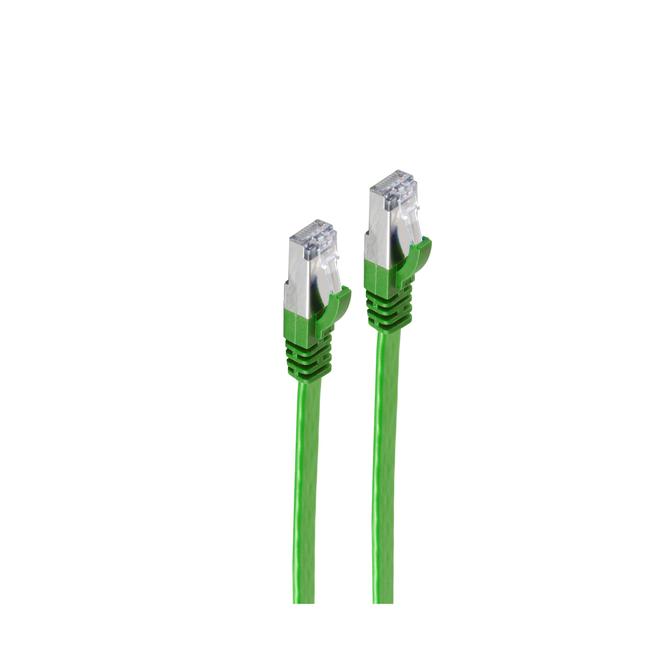 Due cavi Ethernet verdi con connettori trasparenti su sfondo bianco.