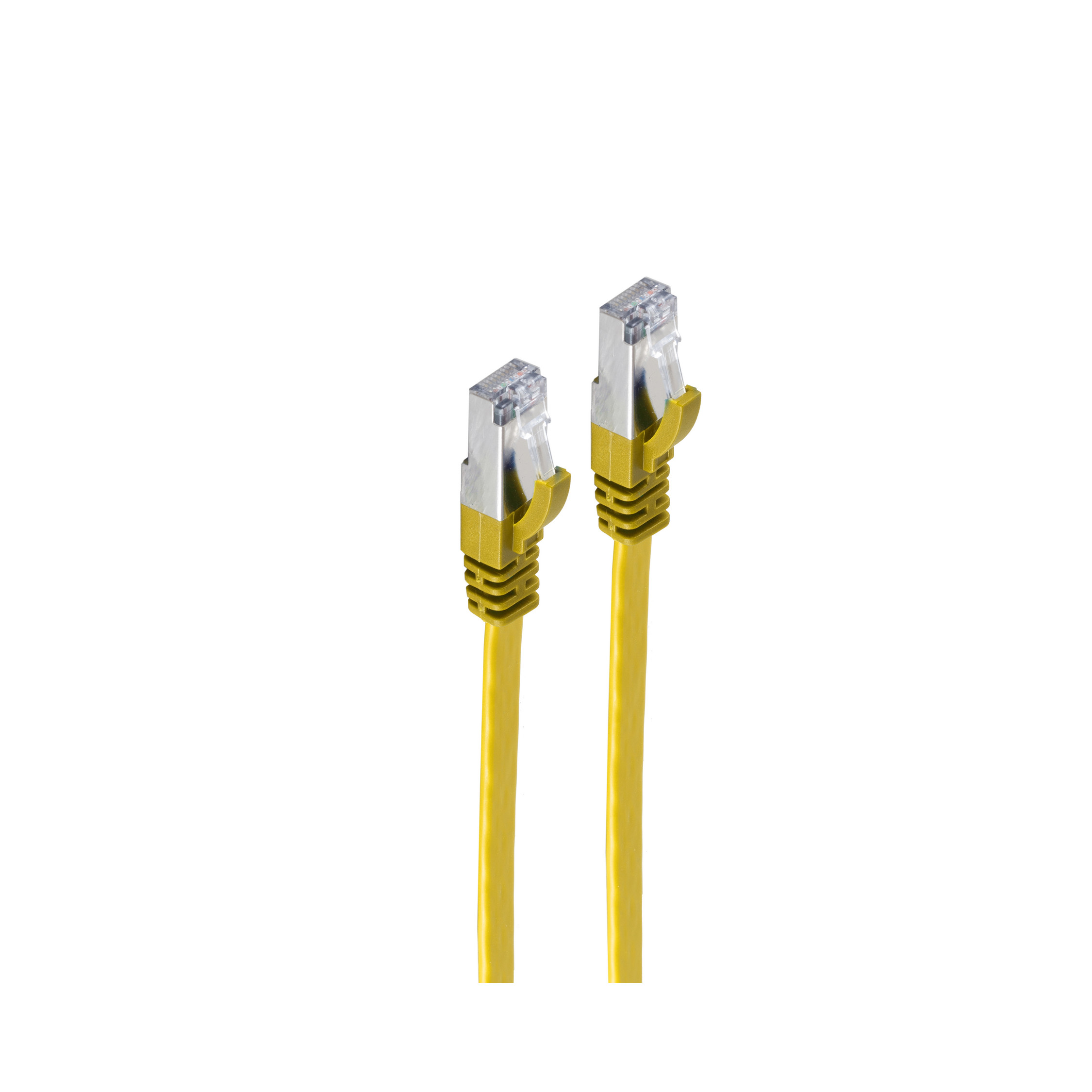 Due cavi Ethernet gialli con connettori gialli su sfondo bianco.