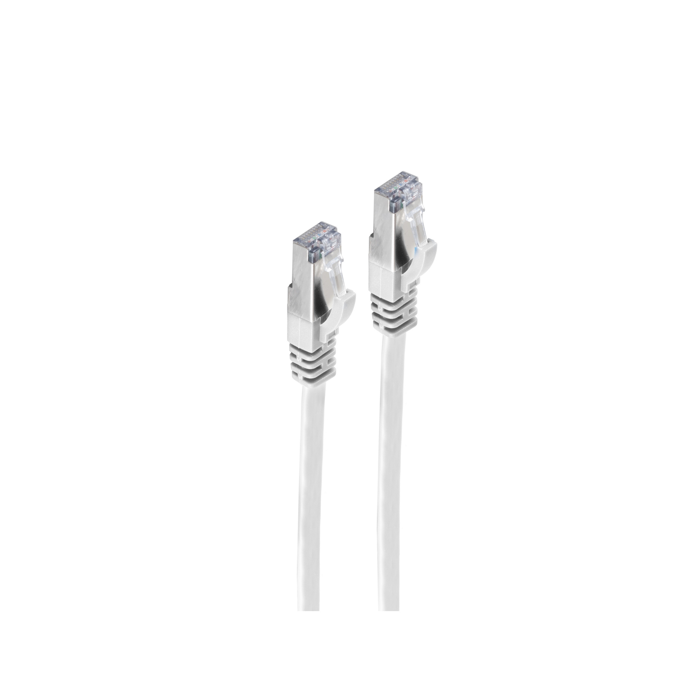 Due cavi ethernet bianchi, leggermente angolati, su sfondo bianco.