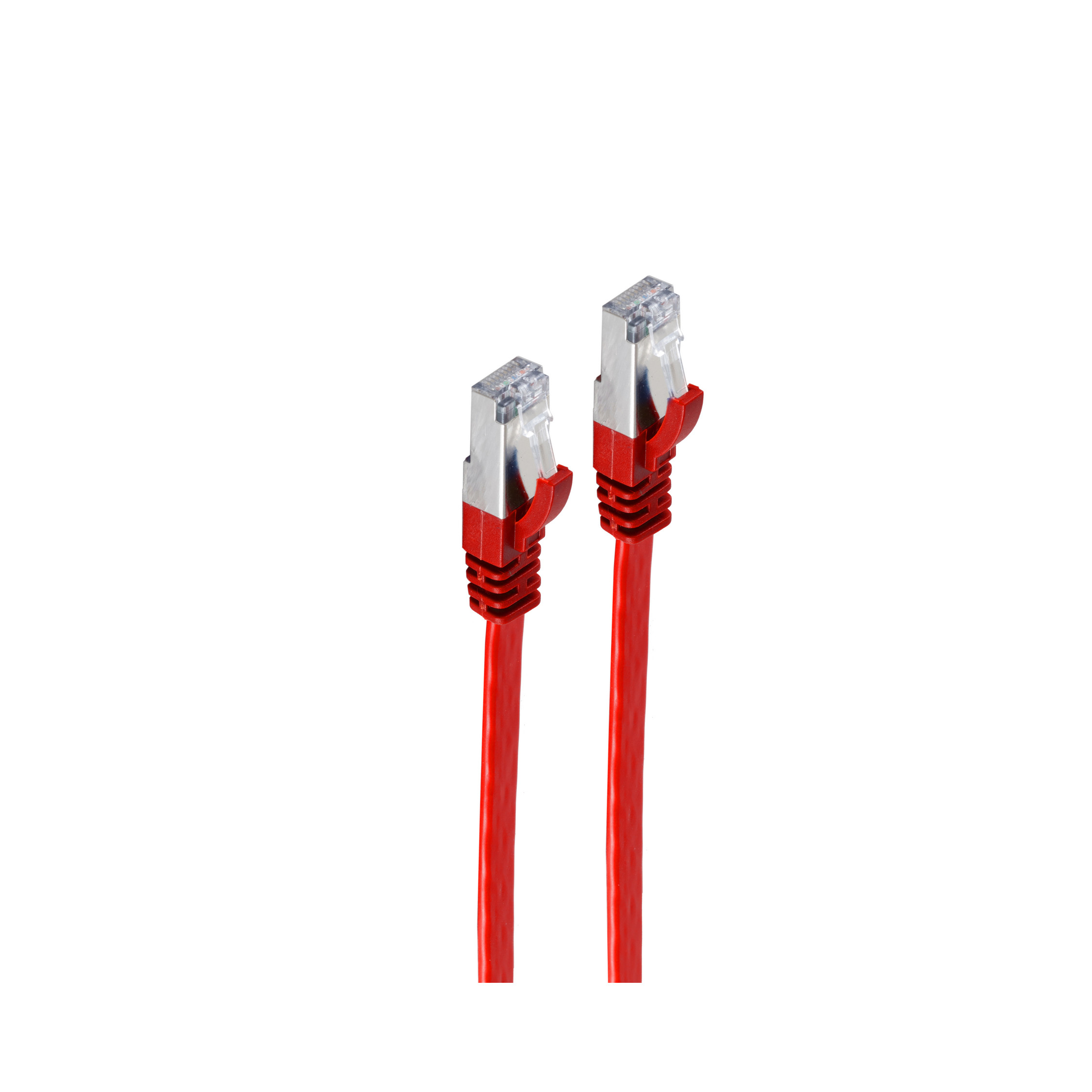 Due cavi Ethernet rossi con connettori rossi su sfondo bianco.