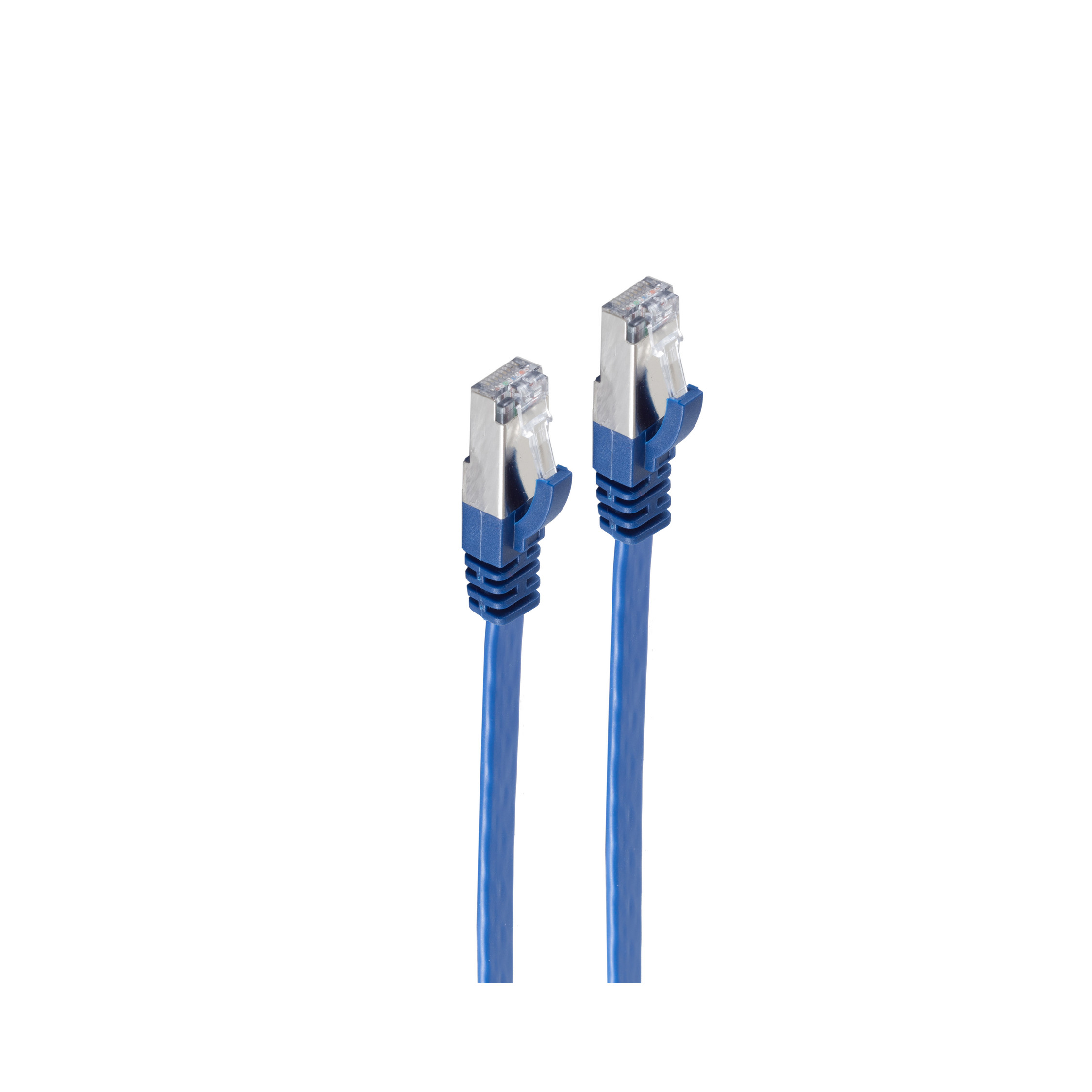 Due cavi Ethernet blu con connettori argentati su sfondo bianco.