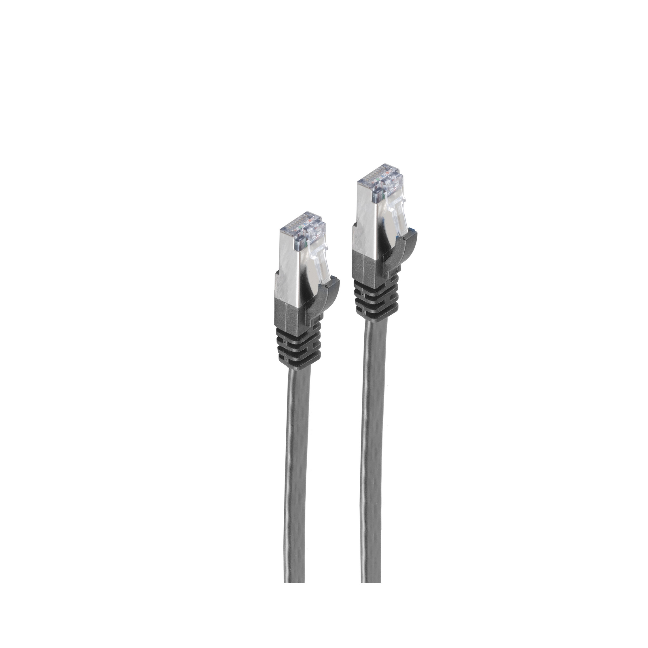 Due cavi Ethernet grigi con connettori trasparenti su sfondo bianco.
