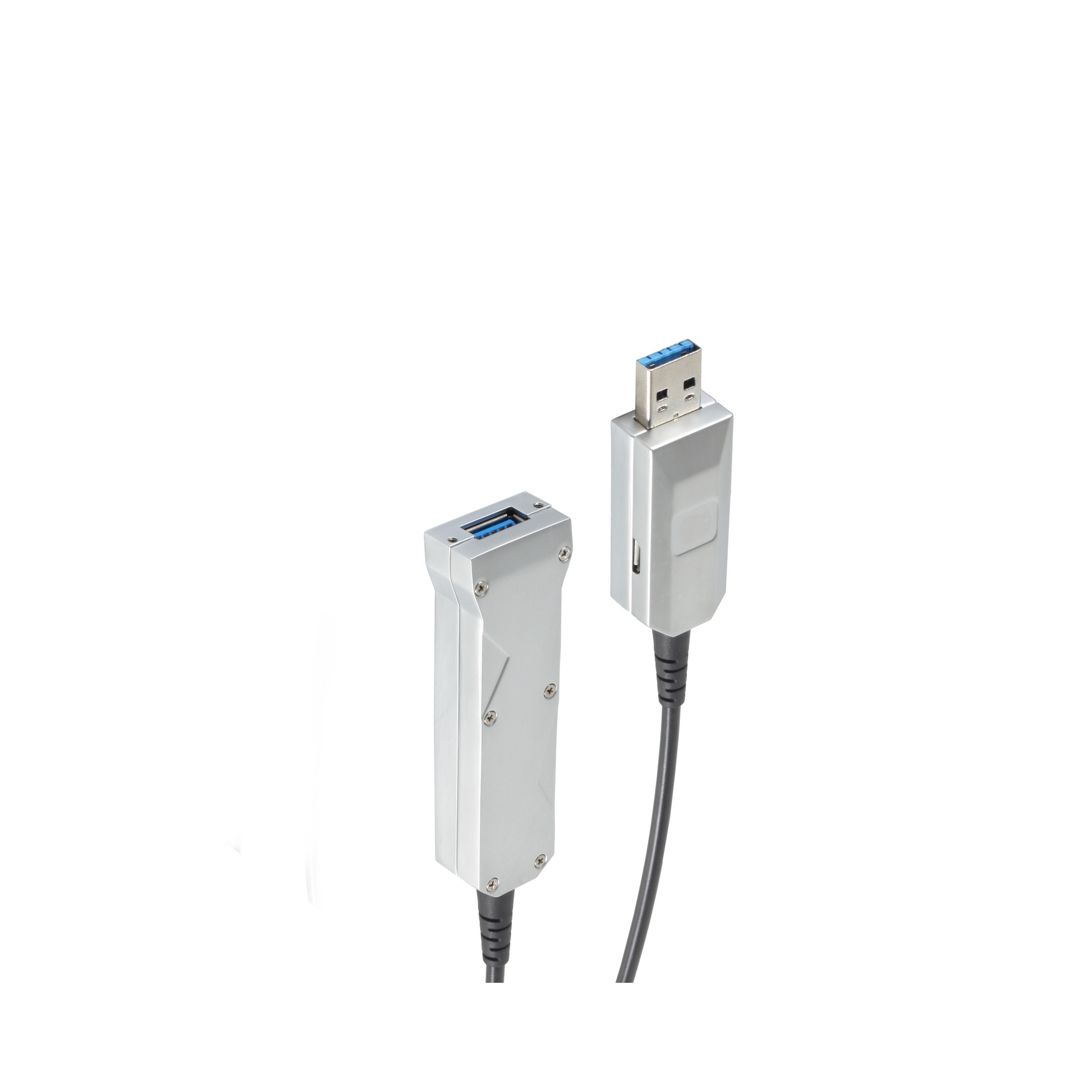 Due adattatori USB argentati con cavi neri su sfondo bianco.