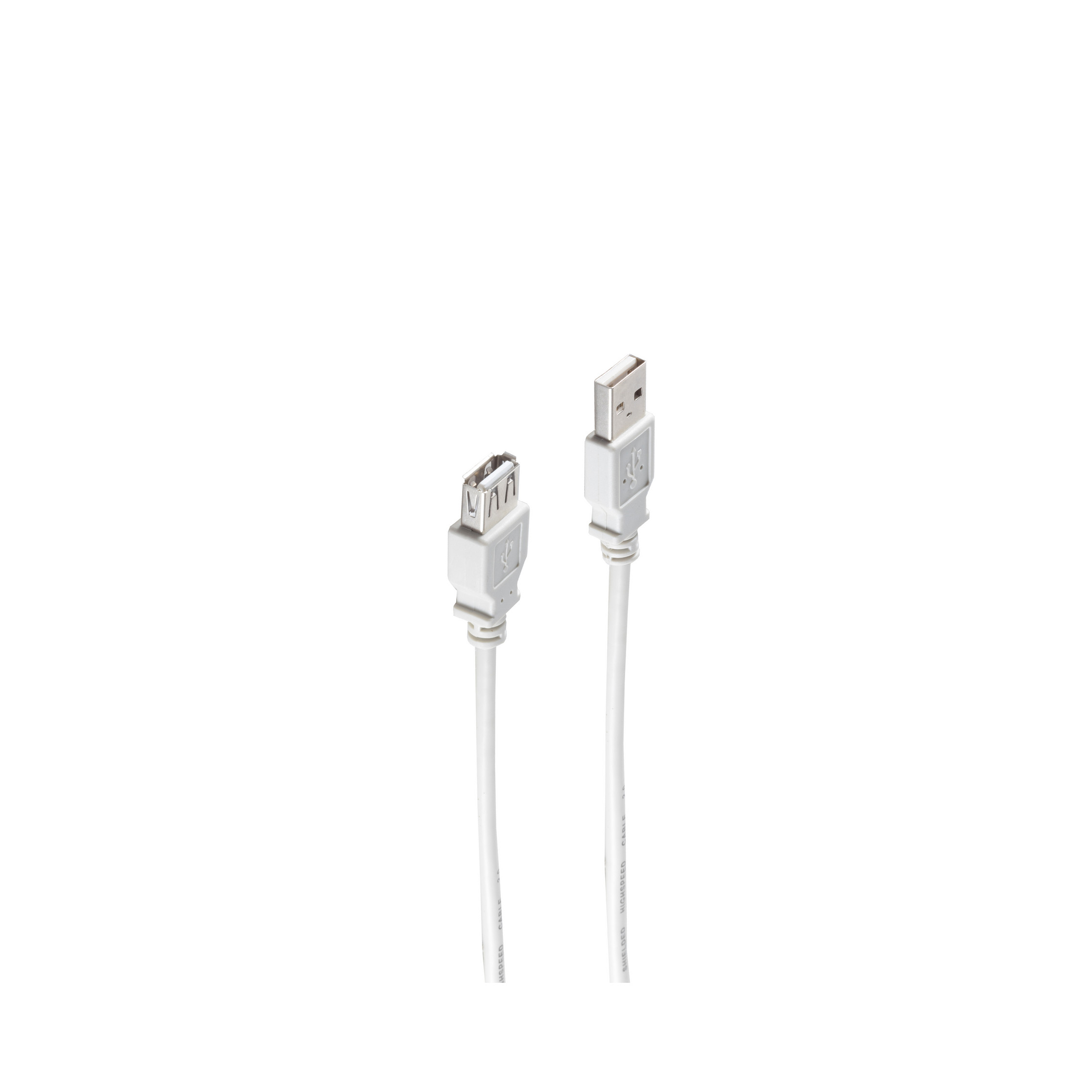 Zwei weiße USB-Kabel mit weißen Steckern. Weißer Hintergrund.