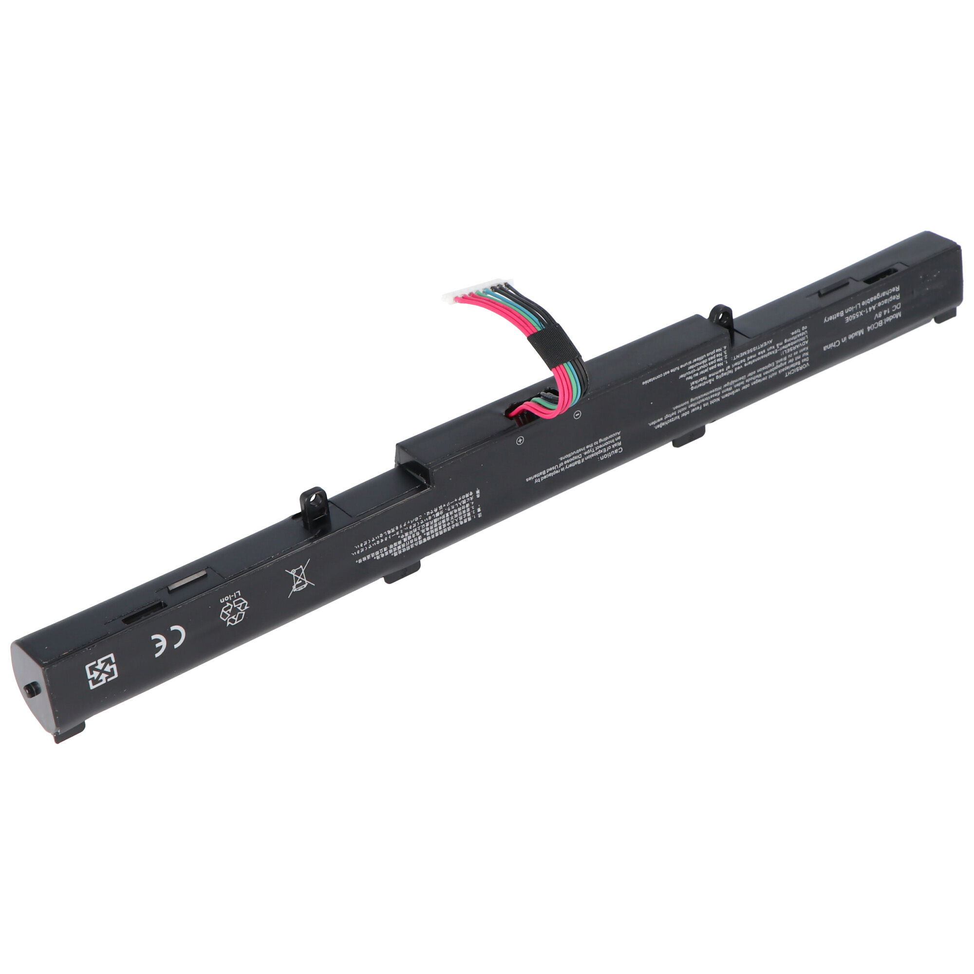 Eine schwarze Laptop-Batterie mit Kabeln und Etiketten wird auf weißem Hintergrund gezeigt.