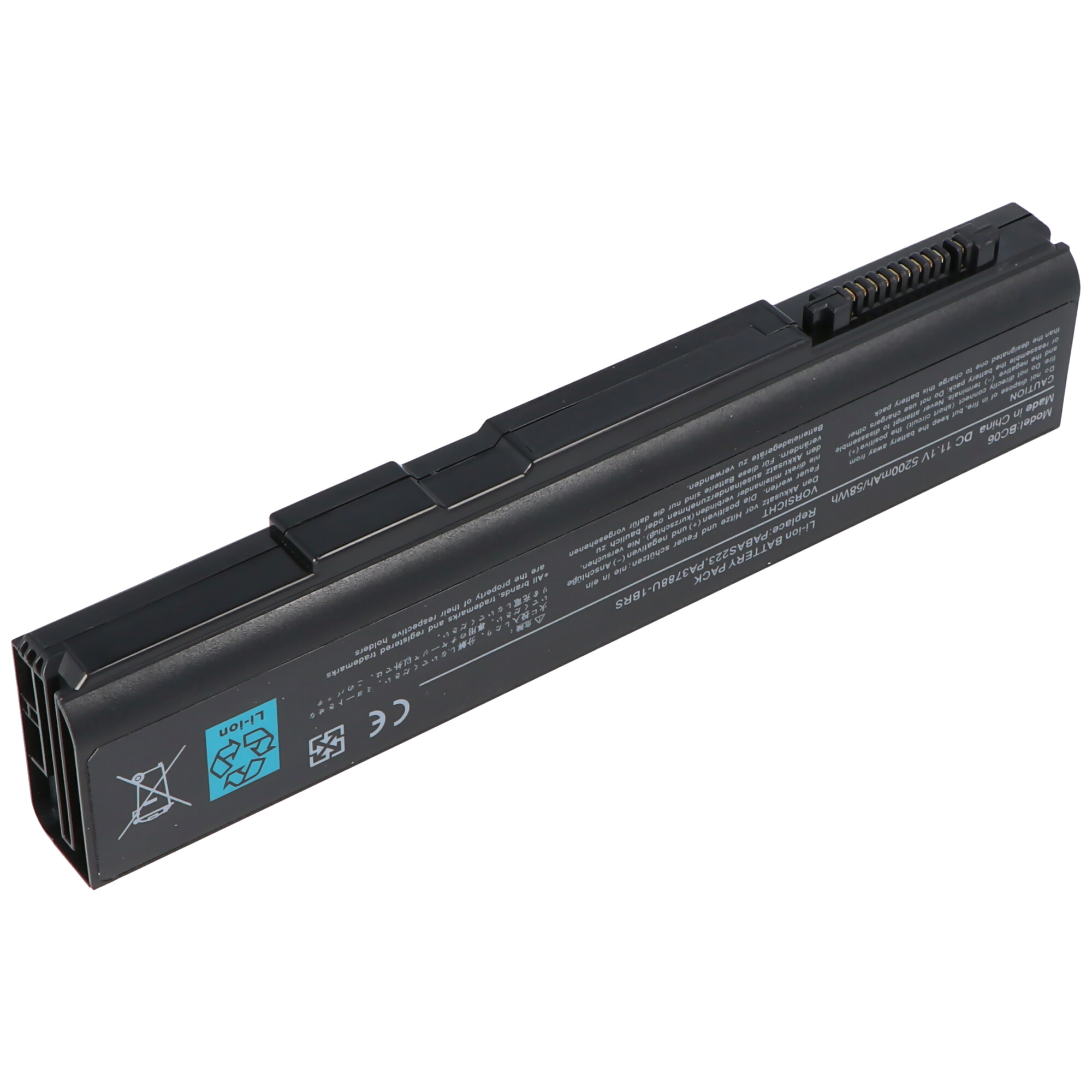 Schwarzer Laptop-Akku. Er ist rechteckig mit einem schwarzen Kunststoffgehäuse.