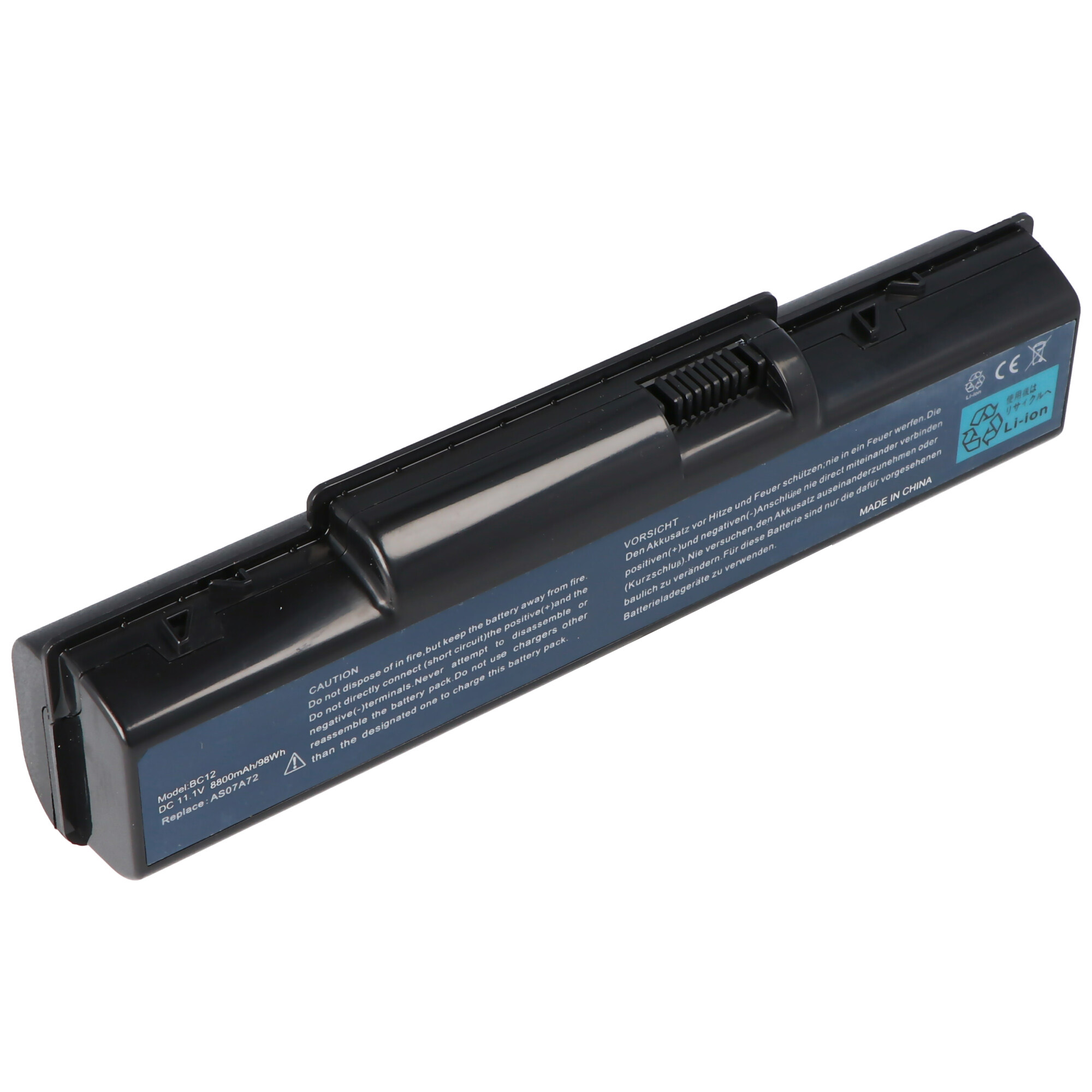 Schwarzer Laptopakku mit Etiketten, Modell BC12, 11.1V 8800mAh.
