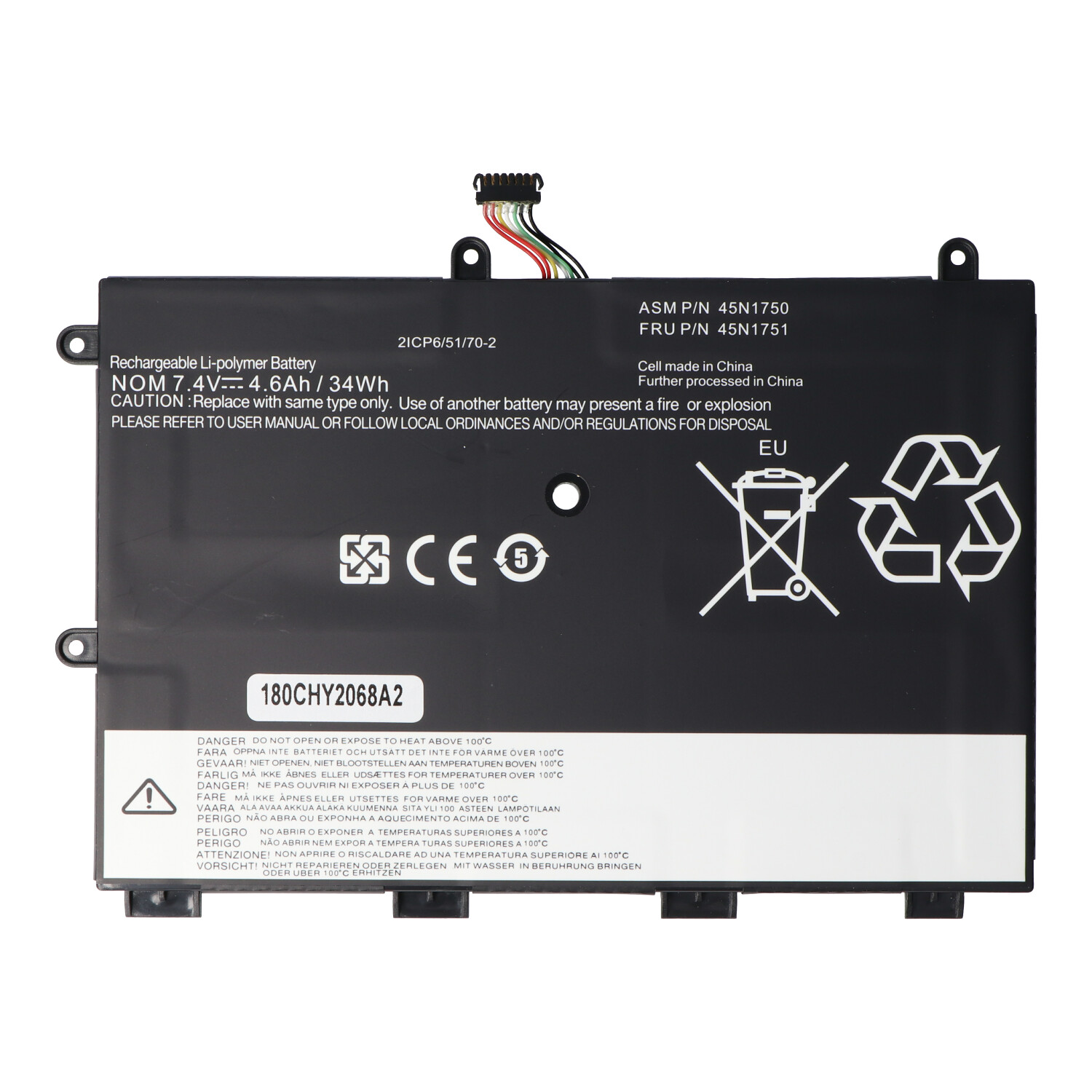 Schwarz-weiße Batterie mit Warnhinweisen und Text auf weißem Hintergrund.