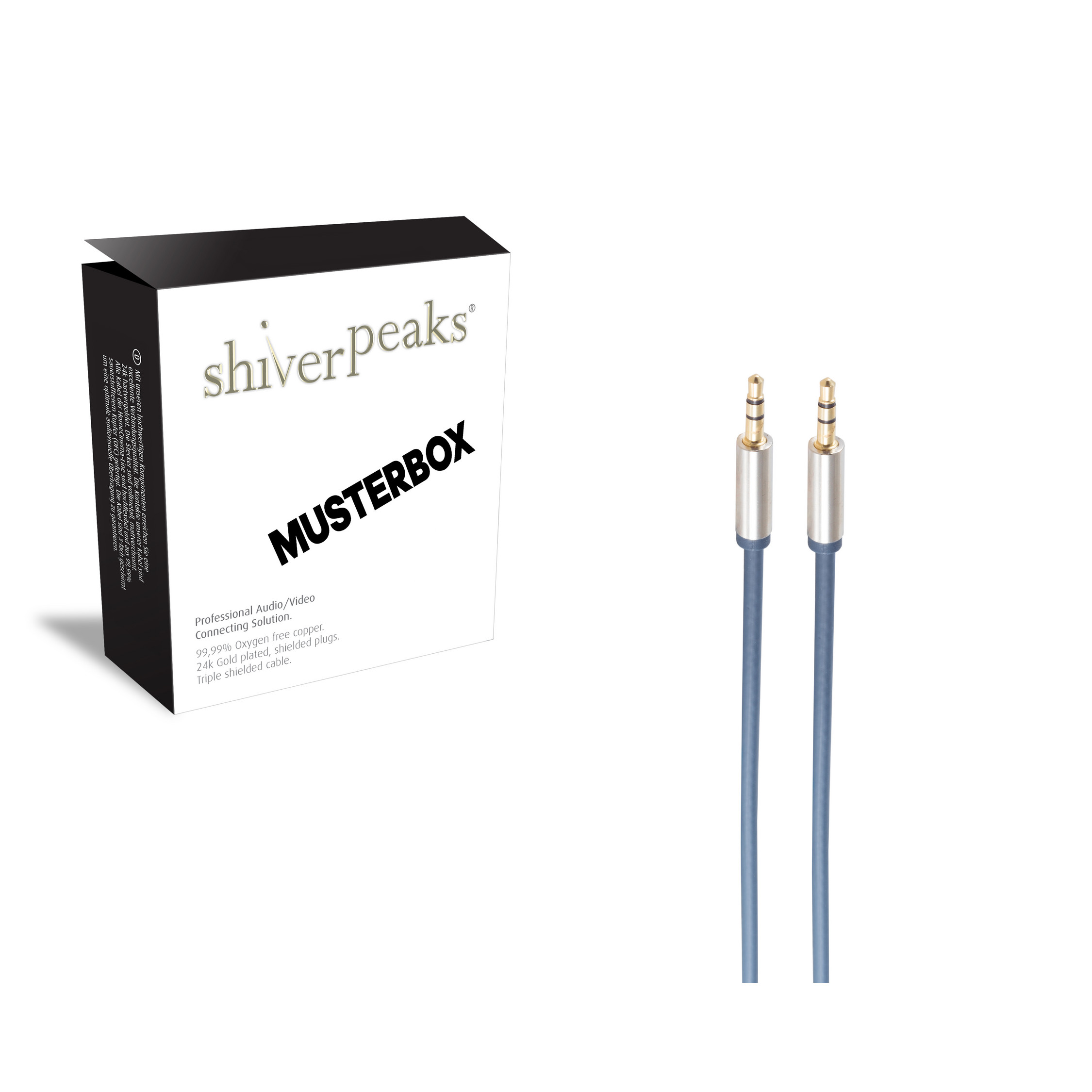 Box und Audiokabel. Box ist schwarz-weiß mit Text. Kabel ist blau.
