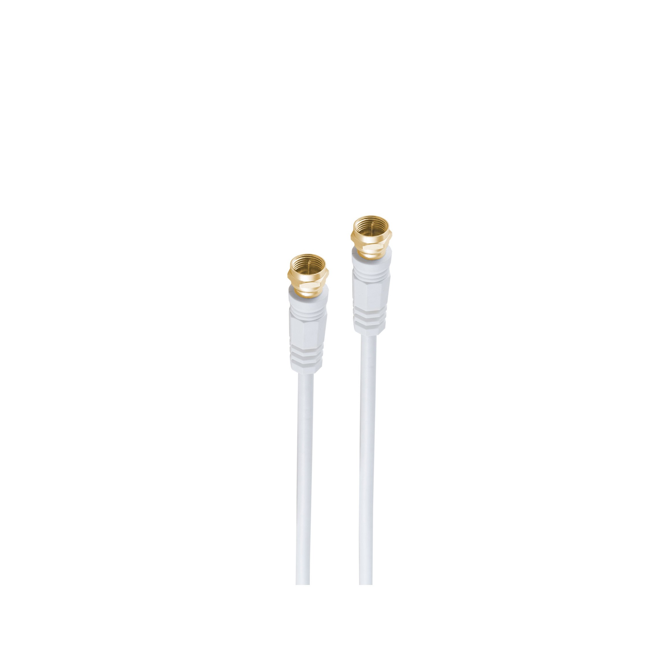 Zwei weiße Koaxialkabel mit Goldsteckern vor weißem Hintergrund.