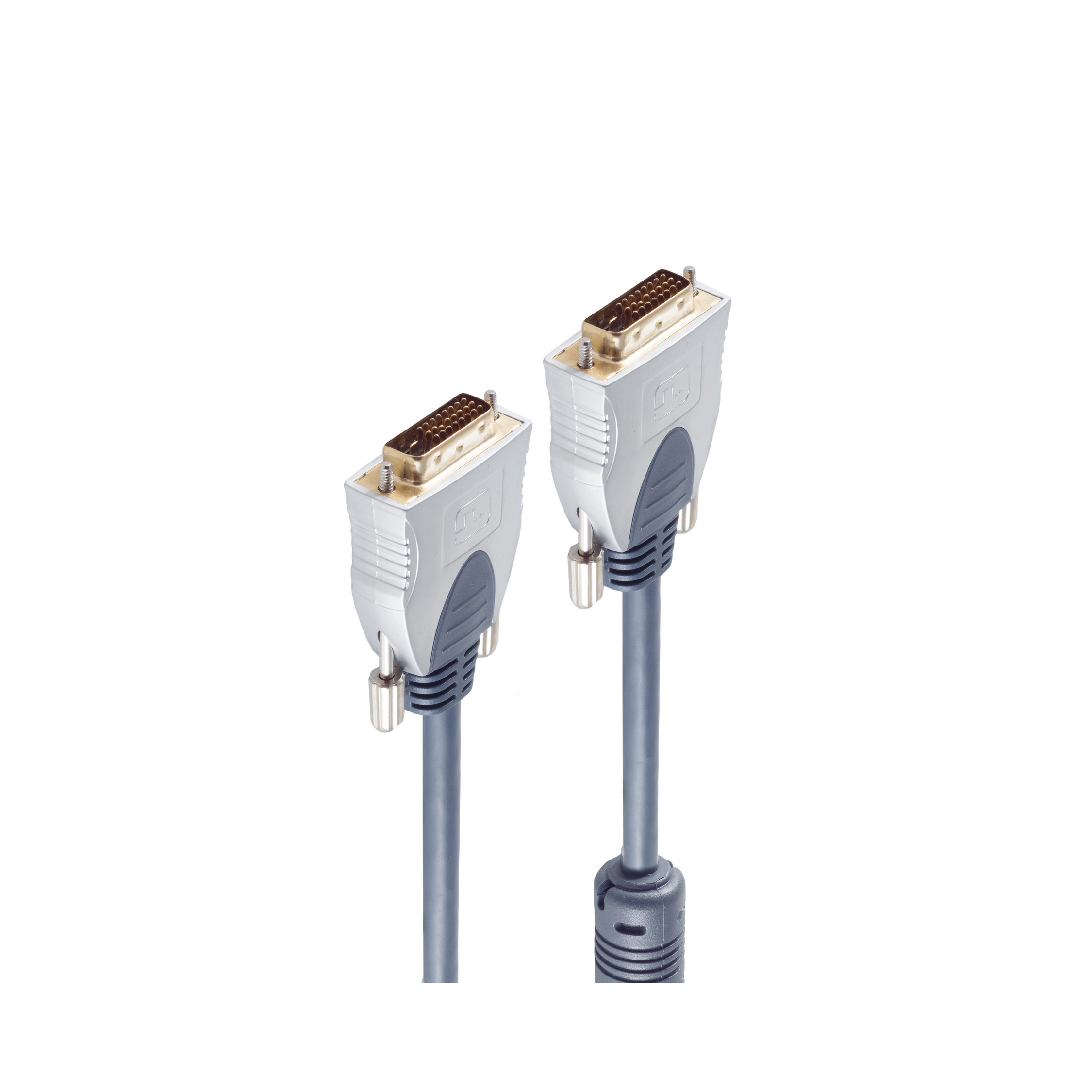 Zwei graue DVI-Kabel mit silbernen Steckern. Sie liegen nebeneinander auf weißem Grund.