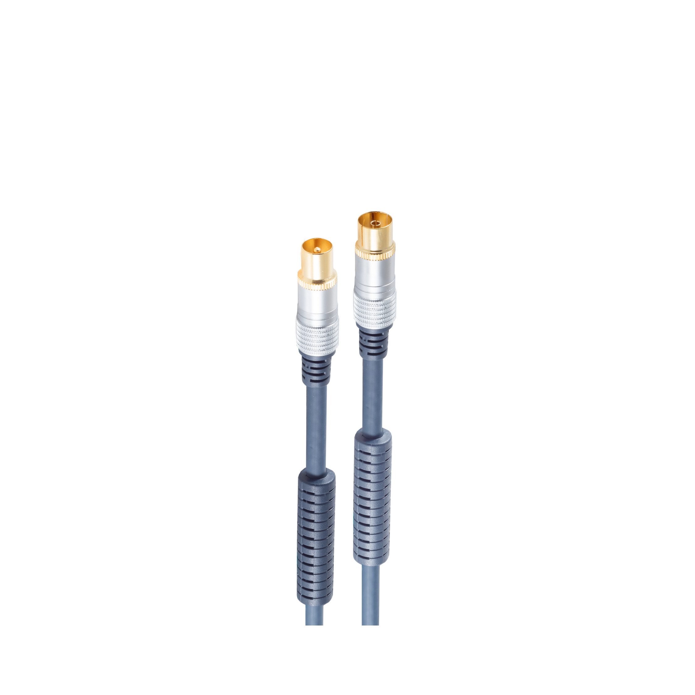 Zwei graue Audiokabel mit silbernen und goldenen Steckern auf weißem Hintergrund.