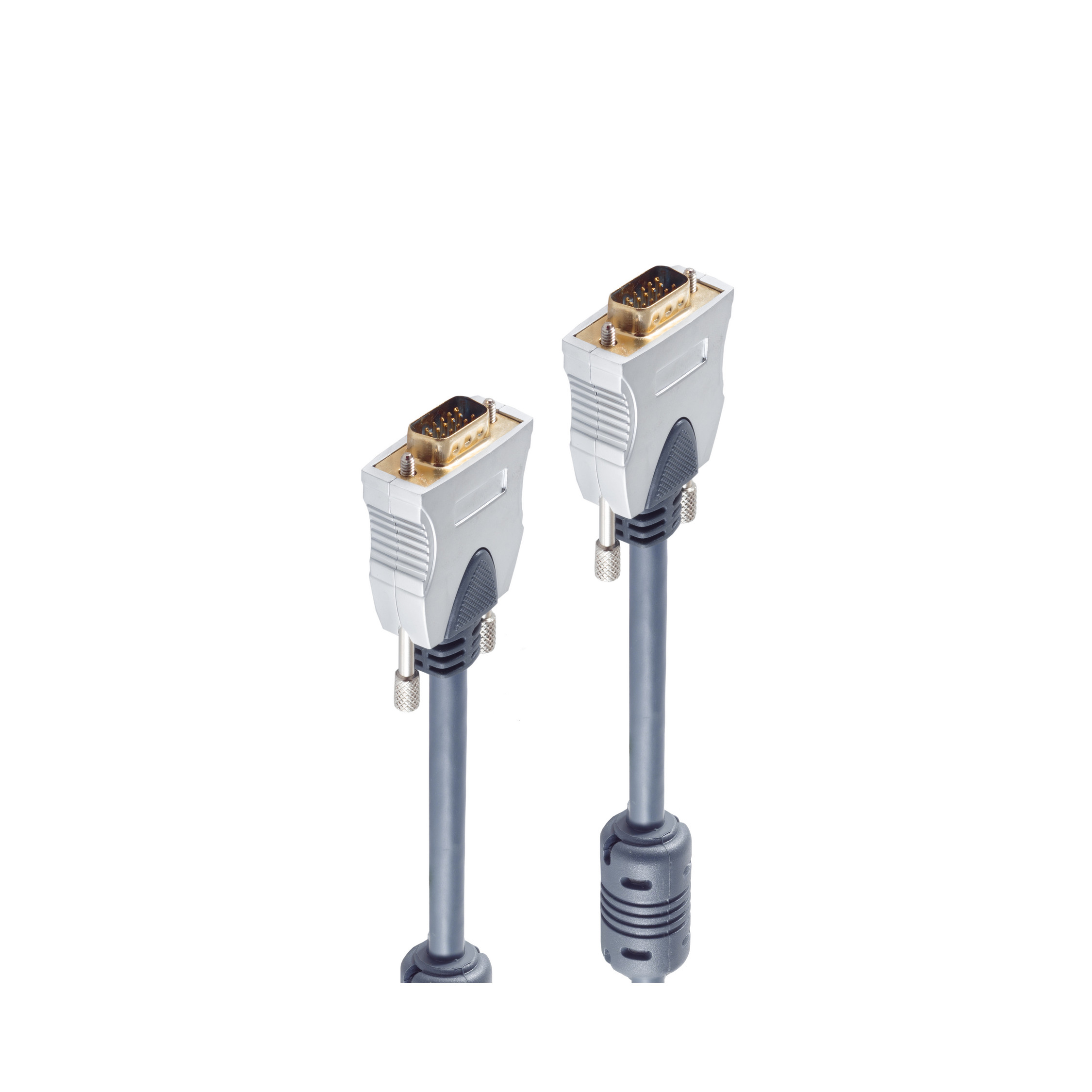 Zwei graue VGA-Kabel mit silbernen Steckern auf weißem Hintergrund.