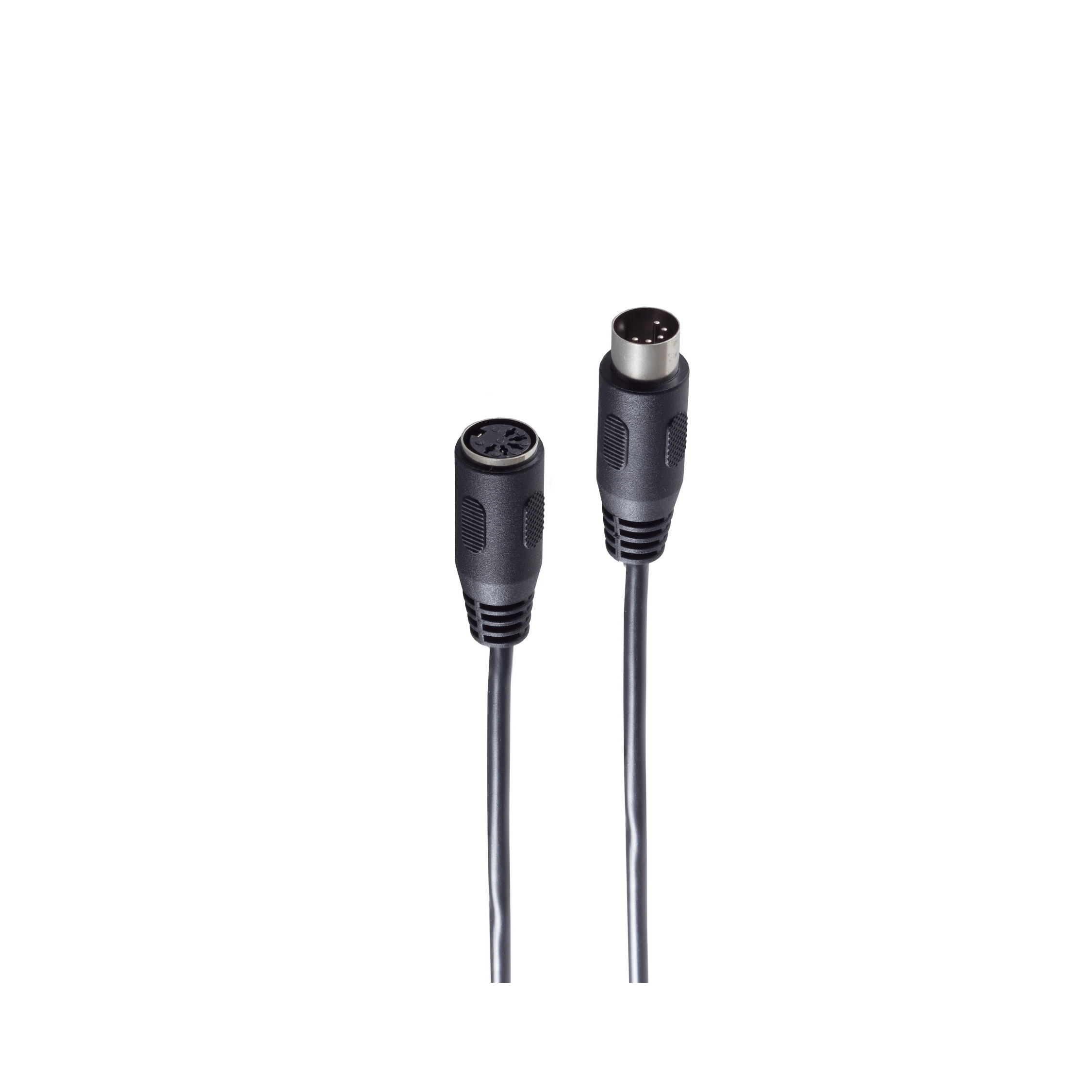 Zwei schwarze MIDI-Kabel auf weißem Hintergrund. Eines ist mit dem anderen verbunden.
