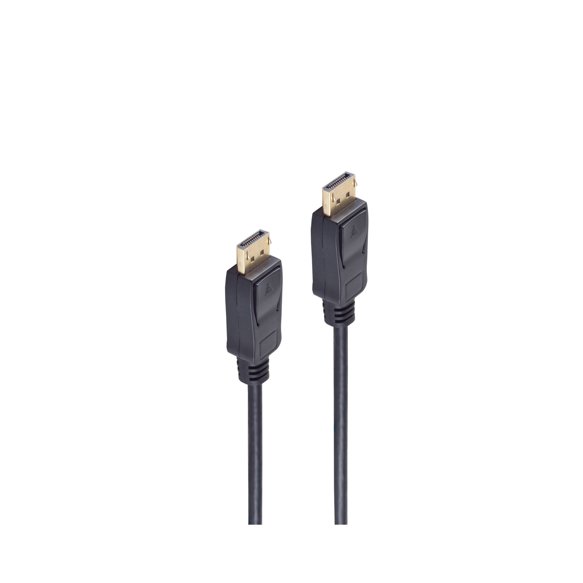 Zwei schwarze DisplayPort-Kabel mit goldenen Steckern auf weißem Grund.
