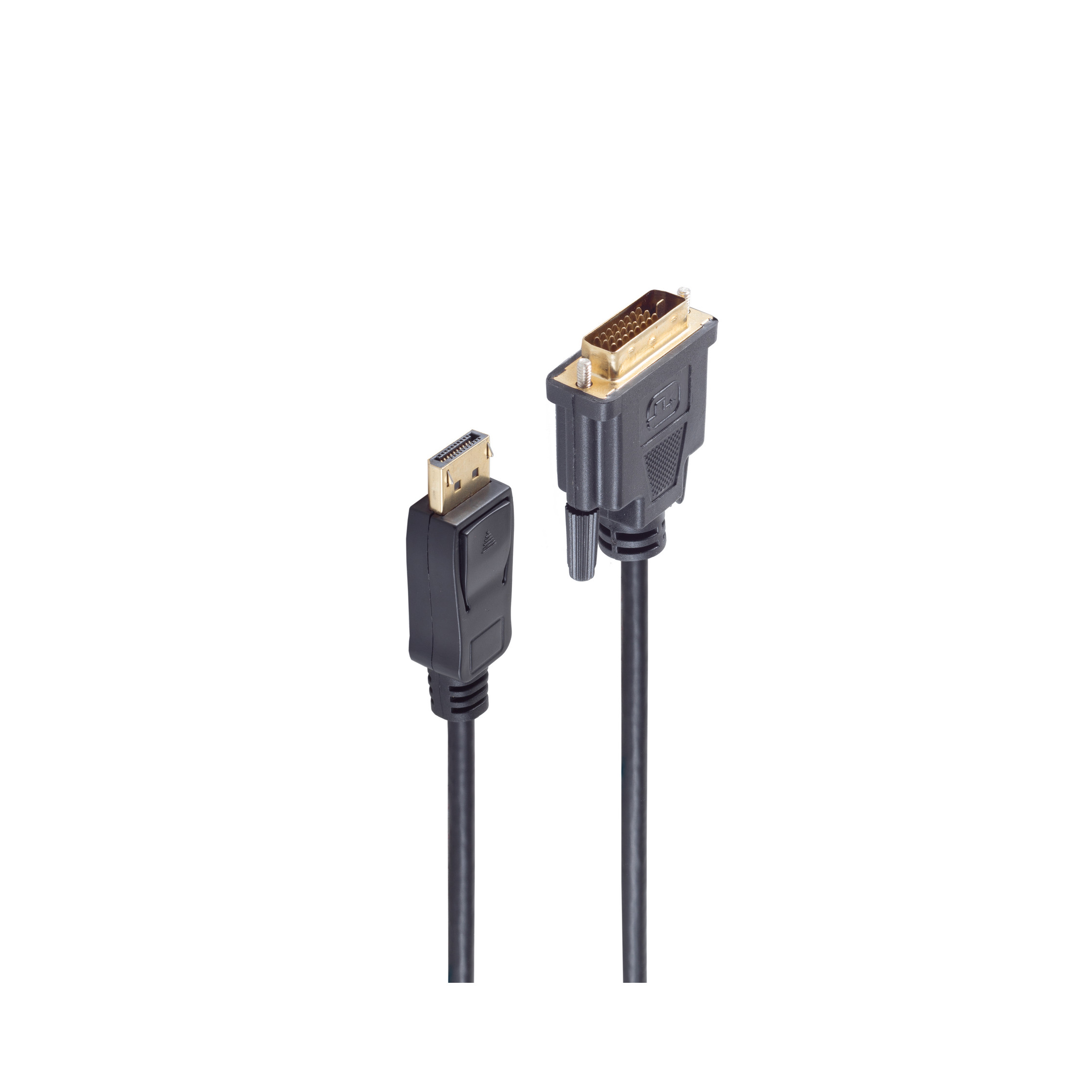 Connettori per cavi DisplayPort e DVI neri su sfondo bianco.