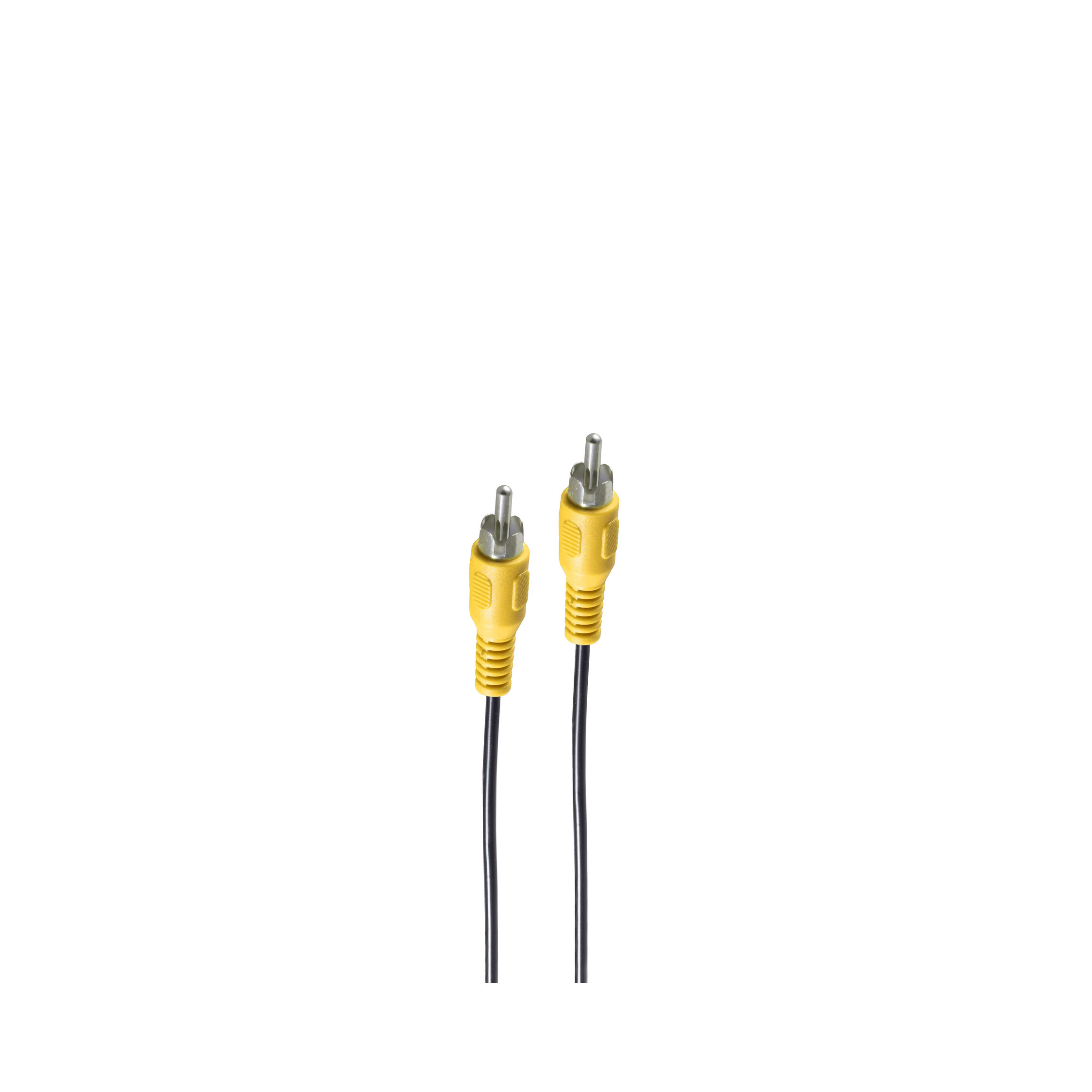 Zwei schwarze Kabel mit gelben Steckern auf weißem Hintergrund.
