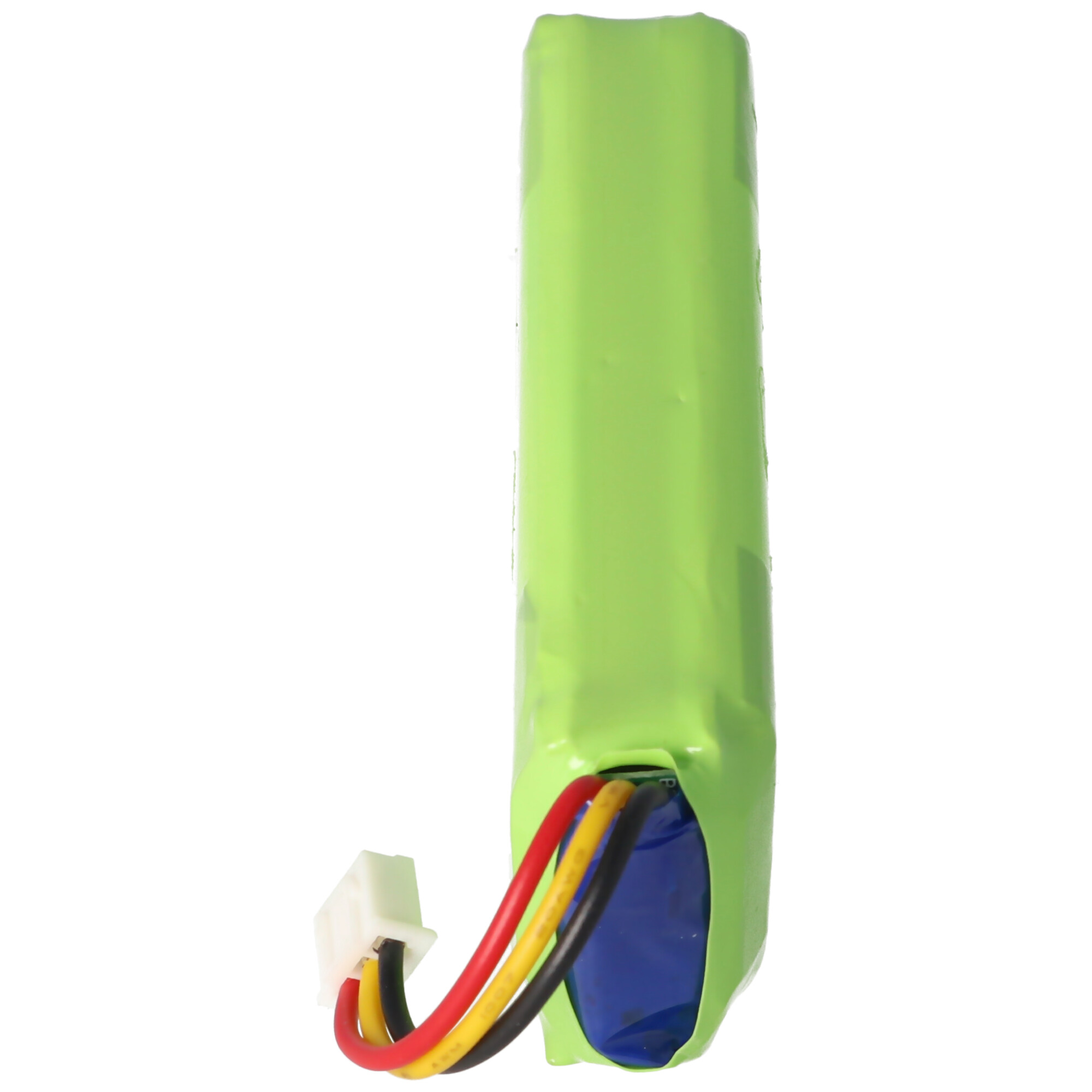 Eine grüne Batterie, in Plastik gewickelt, mit roten, gelben und schwarzen Drähten und weißem Stecker.