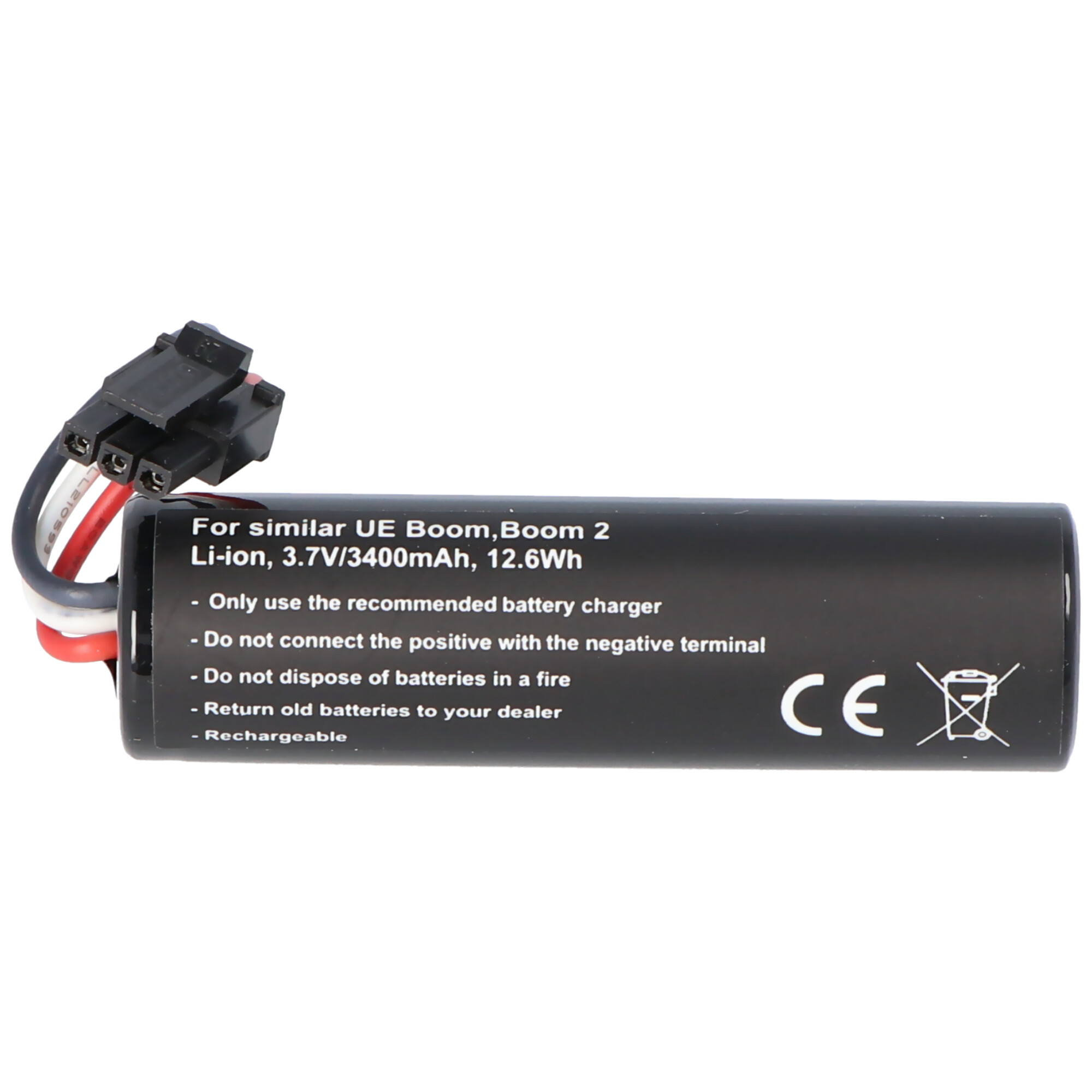 Een zwarte batterij met witte tekst en een connector, met een waarschuwingslabel, staat op een witte achtergrond.