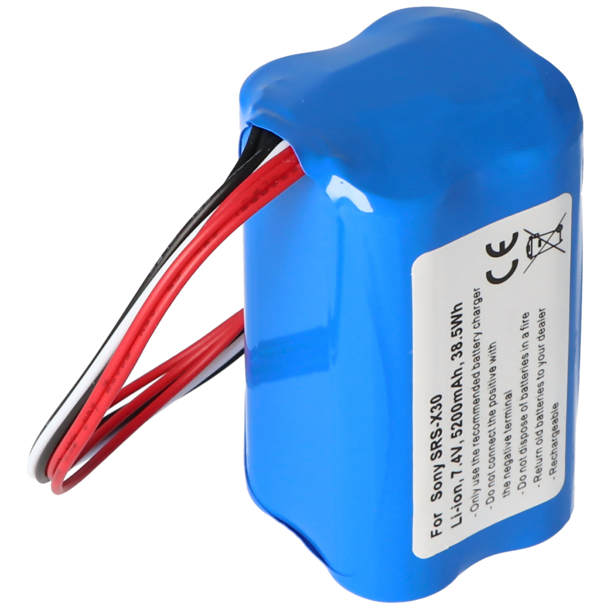 Blaue Batterie mit Drähten. Ein Etikett enthält Spezifikationen und Warnhinweise.