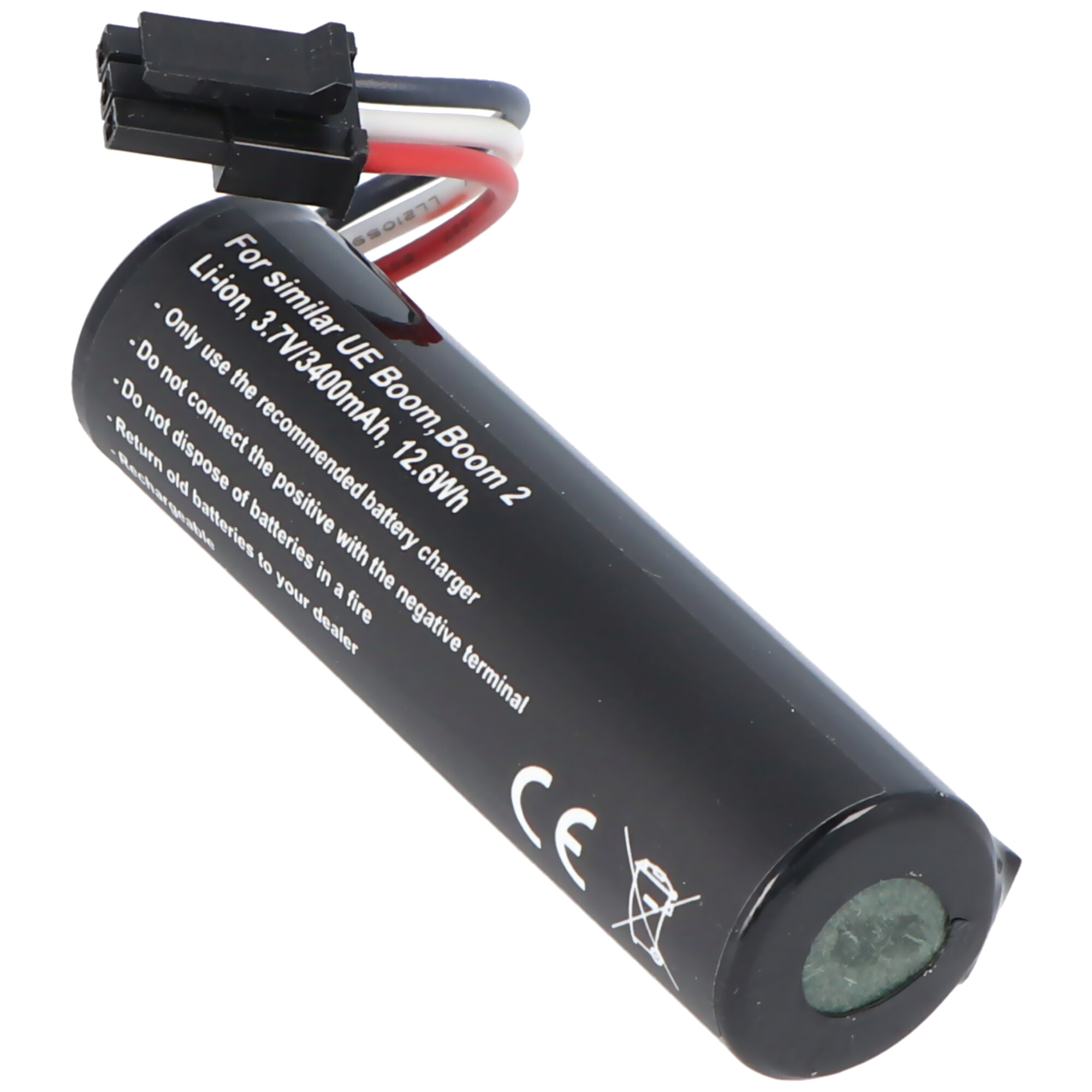 Zwarte cilindrische batterij met tekstlabel. Drie draden zijn bevestigd. CE-markering en recyclingsymbool.
