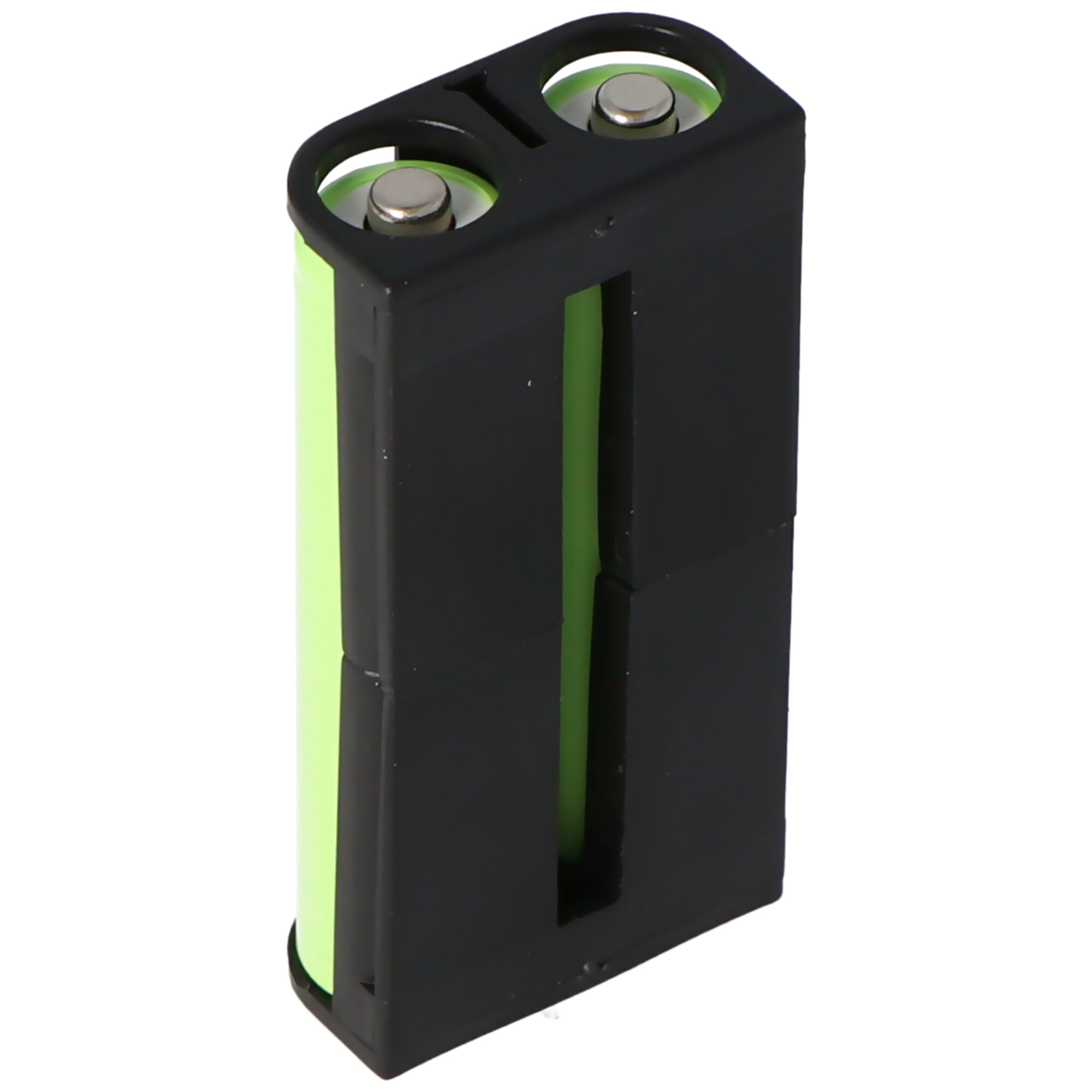 Ein schwarzer Batteriehalter mit zwei grünen zylindrischen Batterien darin, auf weißem Hintergrund.