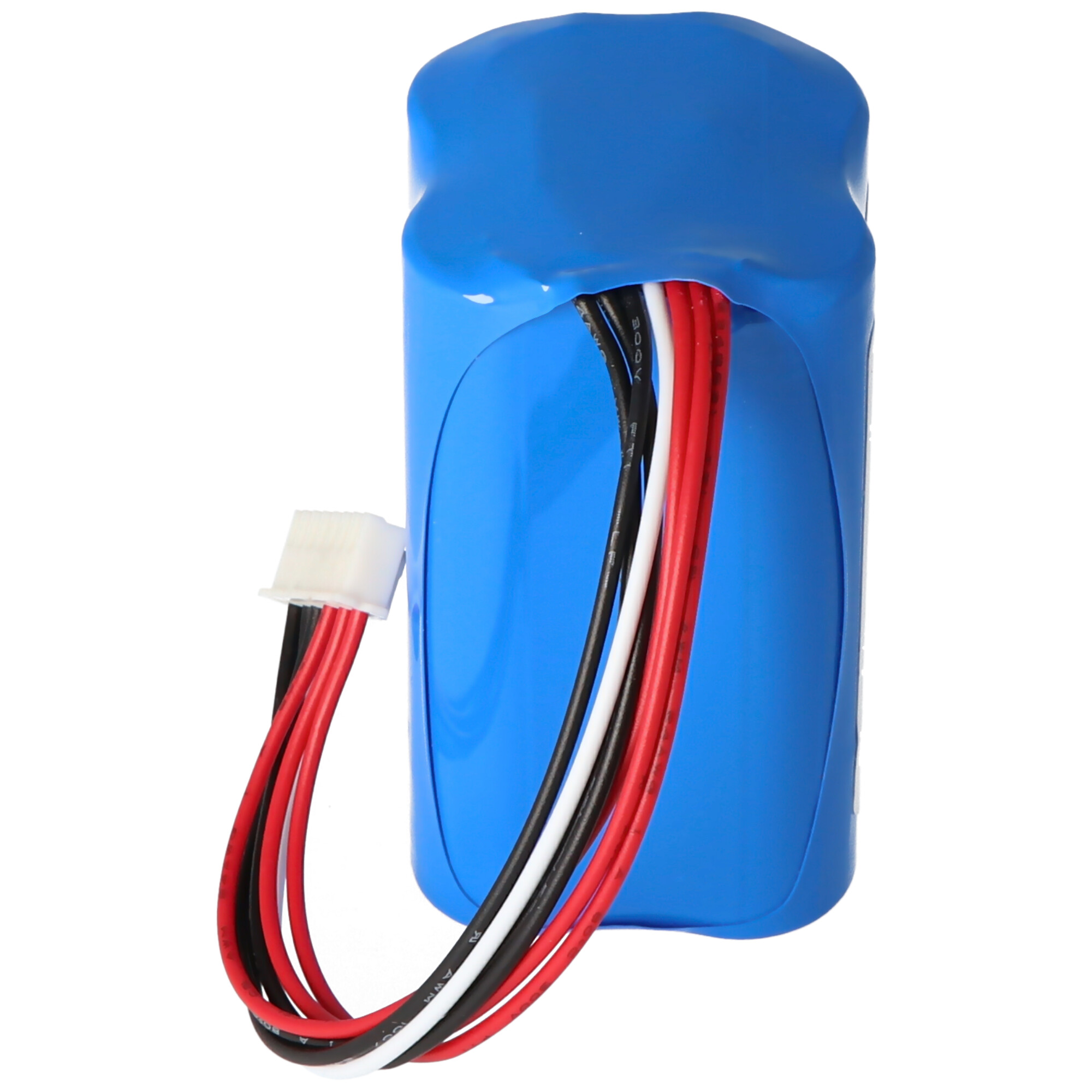 Eine blaue Batterie mit Kabeln, weißer Stecker links.