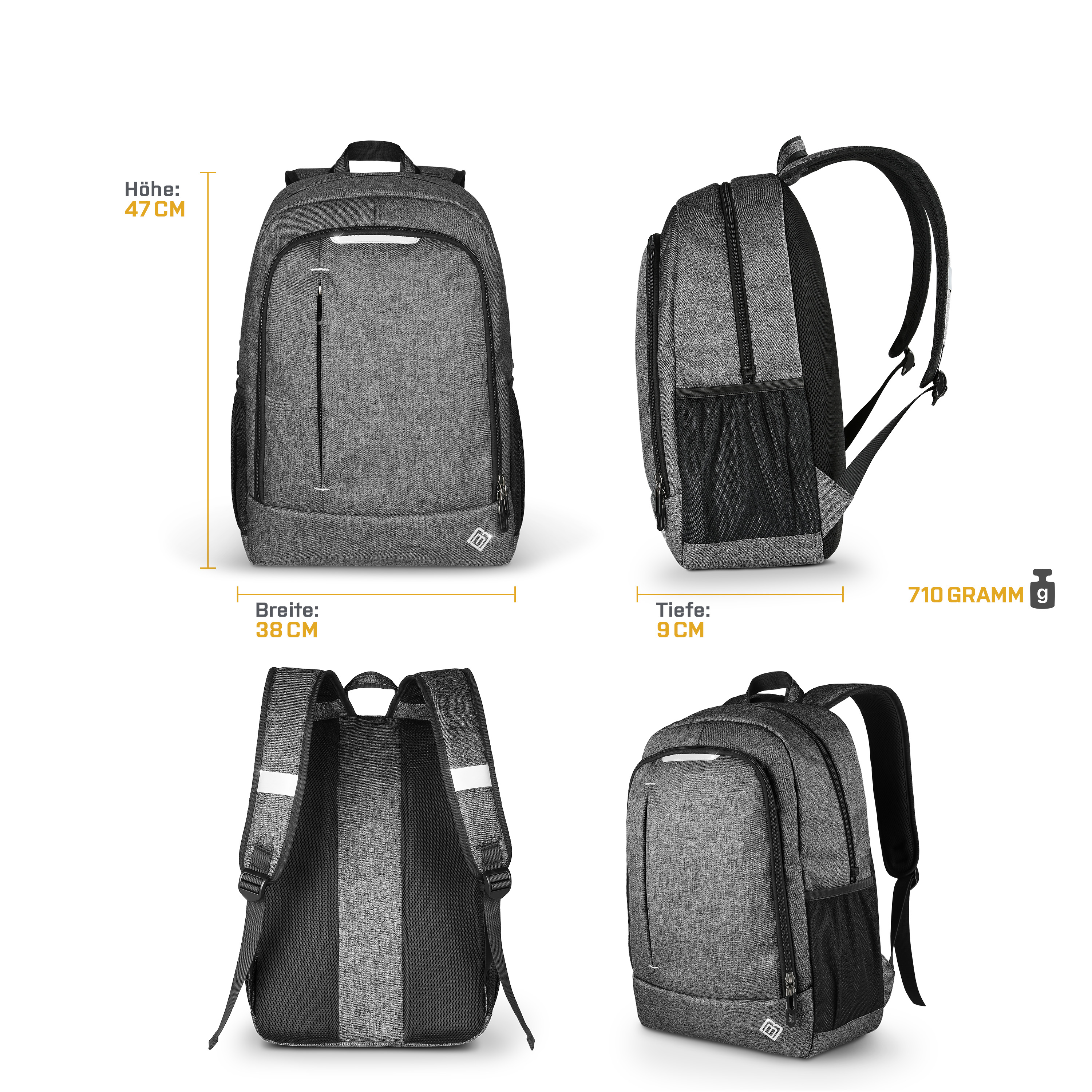 Grauer Rucksack, mit vier Ansichten, die Abmessungen und ein Gewicht von 710 Gramm zeigen.