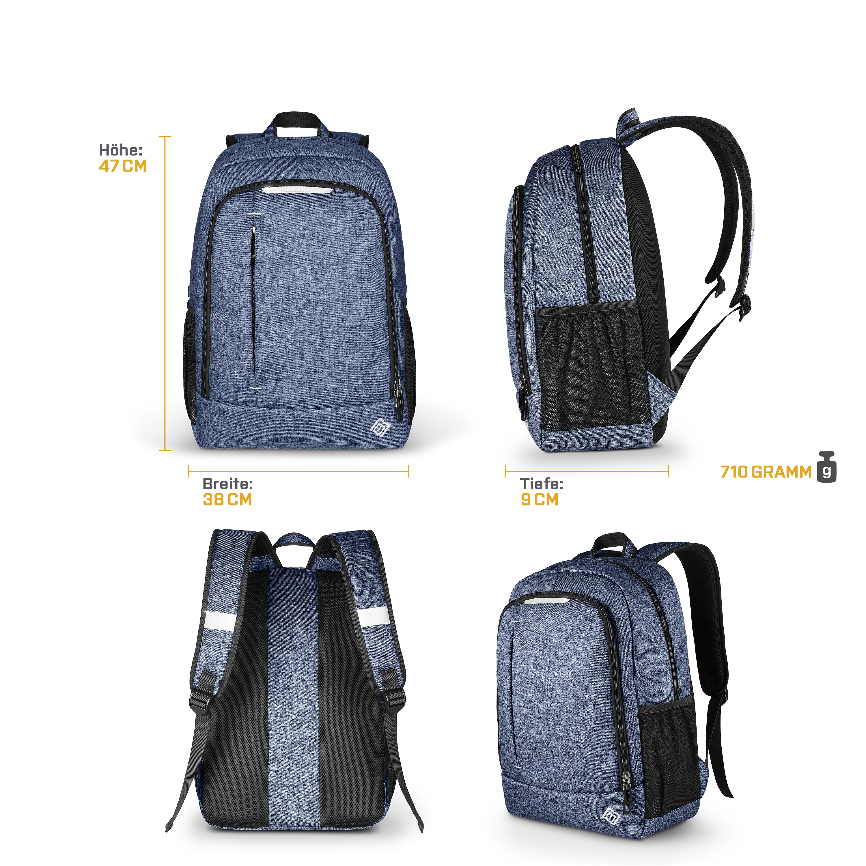 Ein blauer Rucksack mit mehreren Ansichten mit Abmessungen: 47cm hoch, 38cm breit, 9cm tief und 710 Gramm.