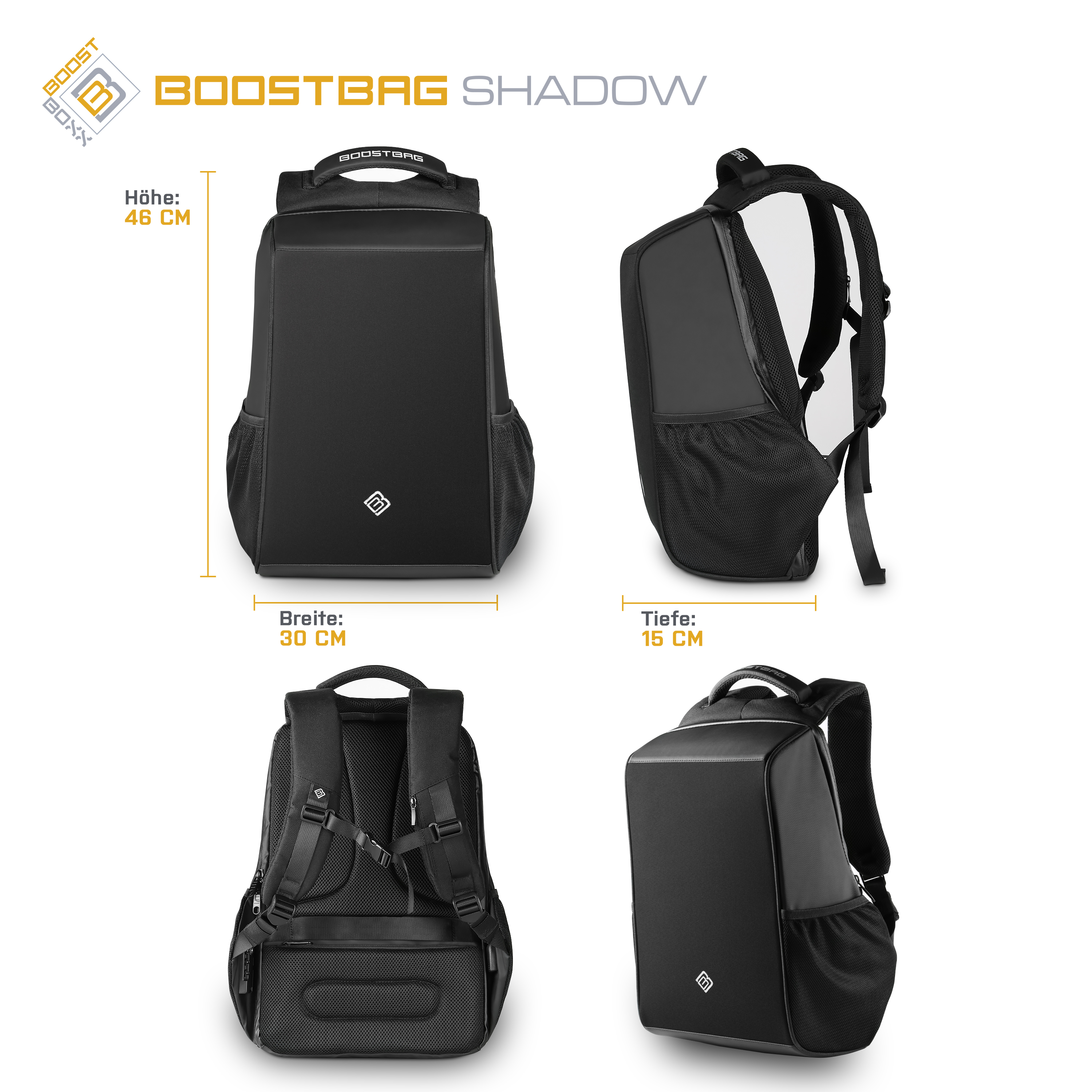 Mehrere Ansichten eines schwarzen Boostbag Shadow Rucksacks mit Abmessungen.