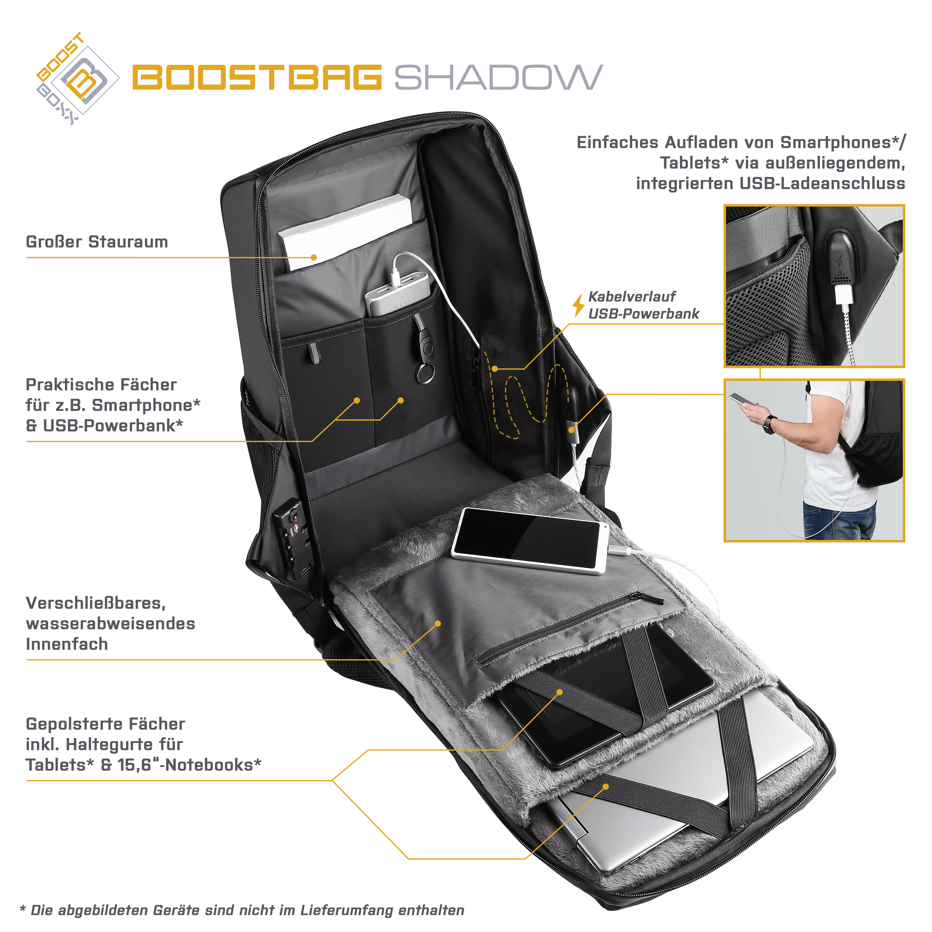 Schwarzer Rucksack mit mehreren Fächern und einem USB-Ladeanschluss.