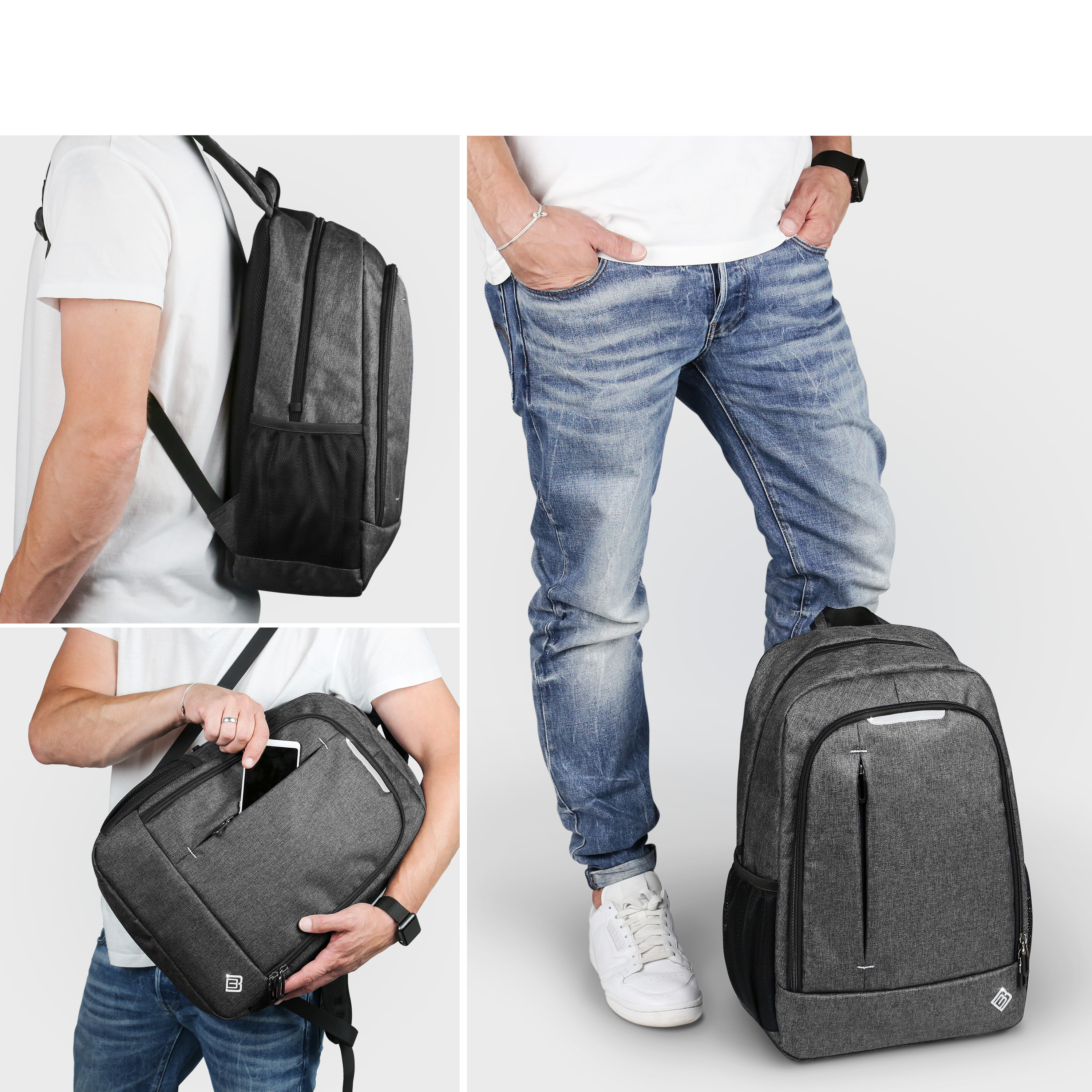Mann mit Rucksack in drei Fotos. Die Tasche ist grau. Er trägt Jeans und weißes Hemd.