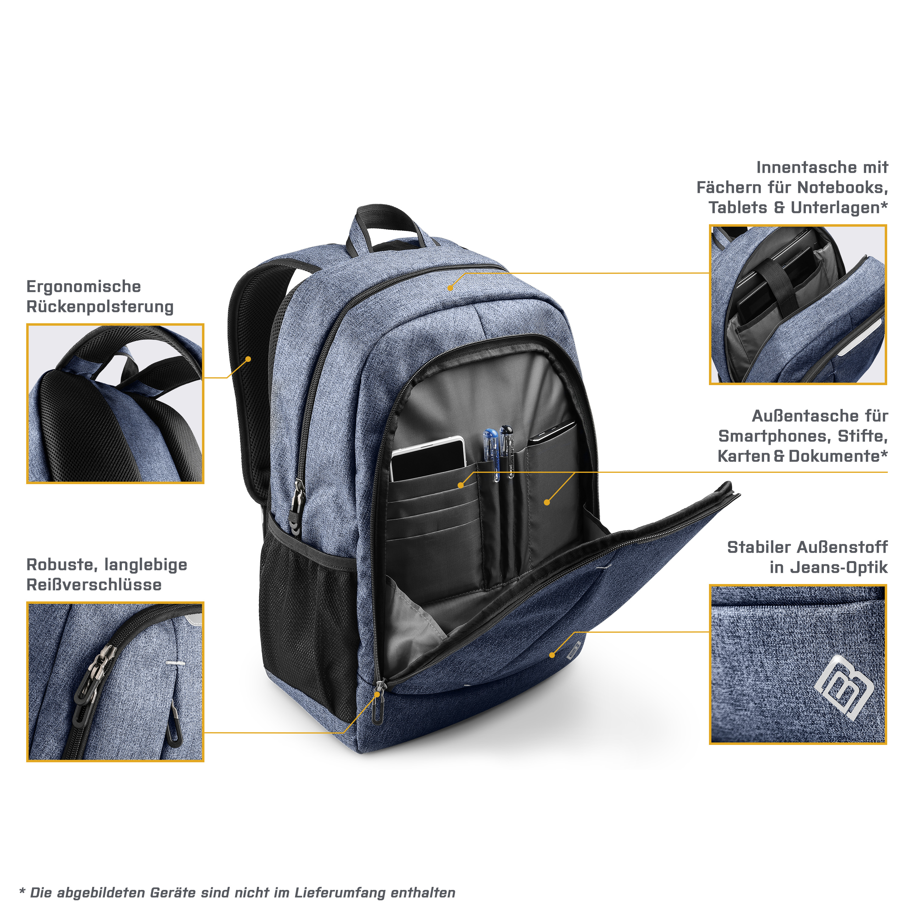 Blauer Rucksack mit Illustrationen von Komponenten auf weißem Hintergrund.