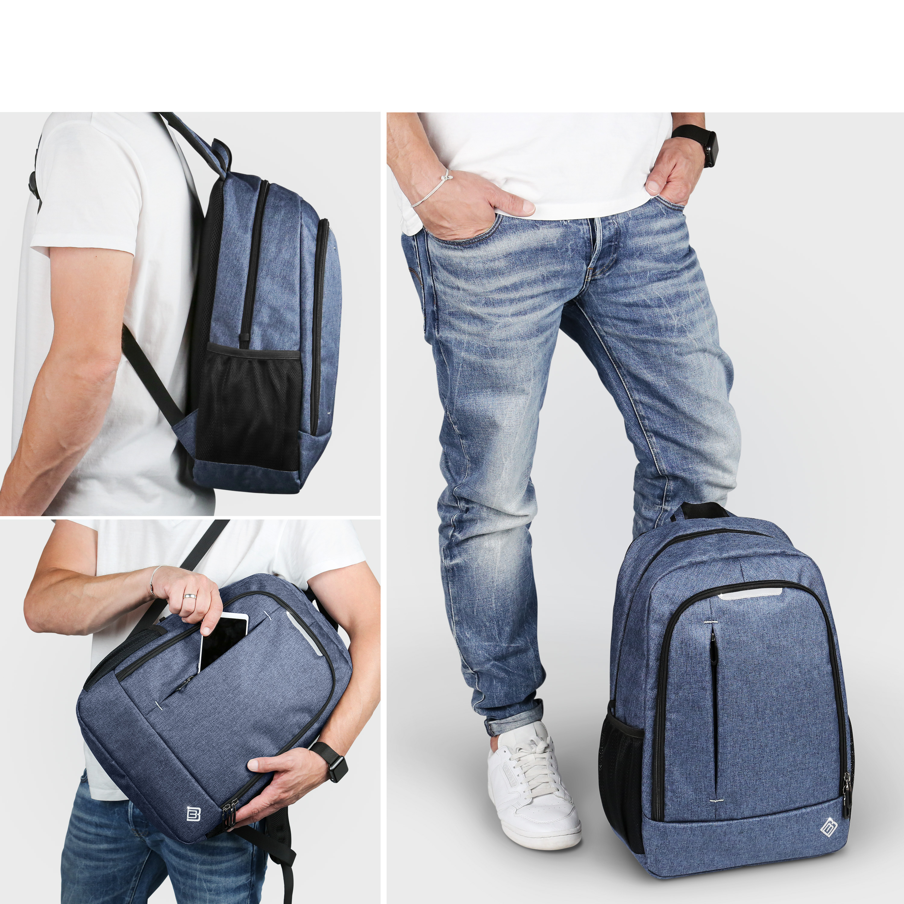 Mann mit blauem Rucksack, Jeans und weißem Hemd.